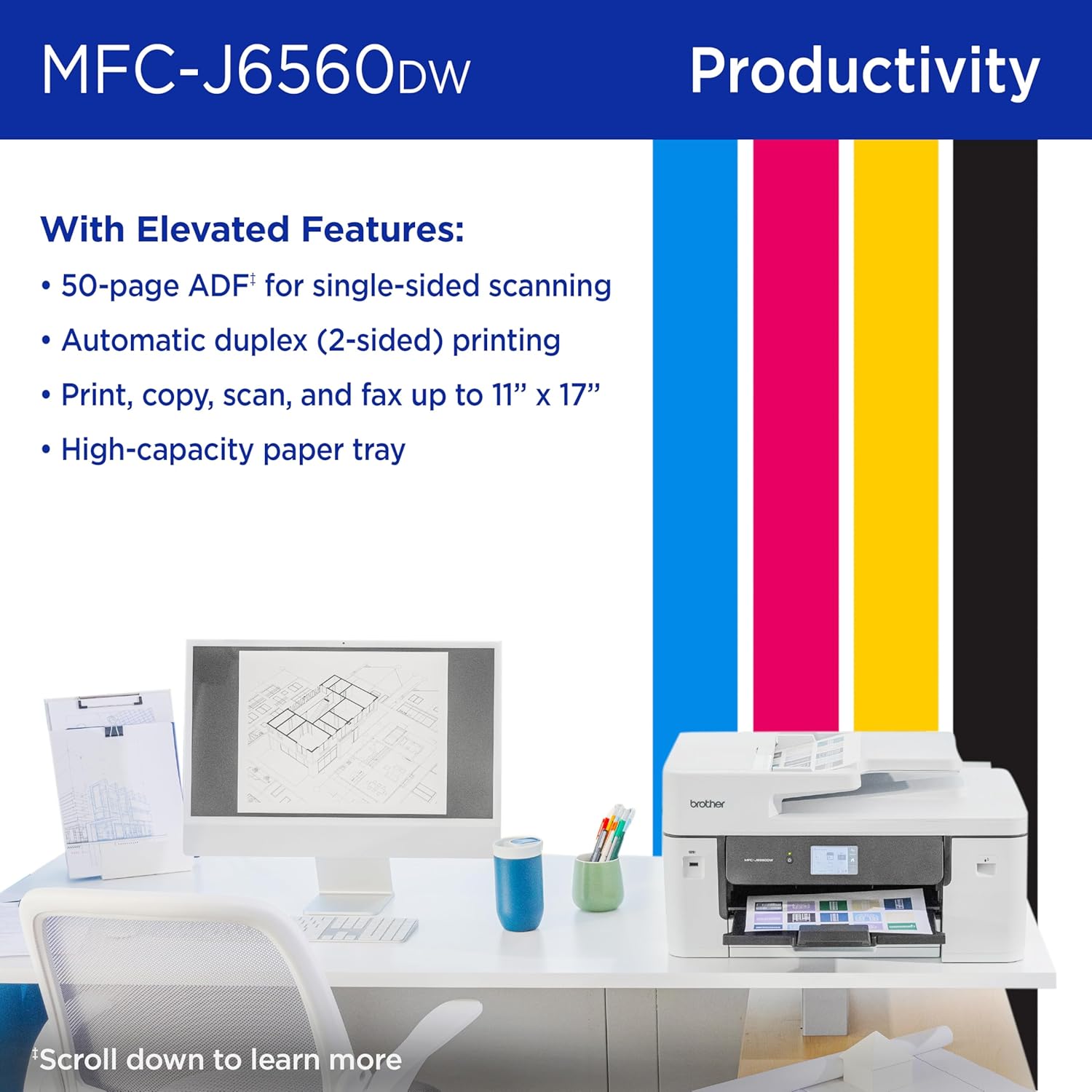 8115bREooCL._AC_SL1500_.jpg Brother INKvestment 6560 Wireless Color Inkjet All-in-One Printer with 11”x17” Capabilities and 2.7” Color Touchscreen | Includes Refresh Subscription Trial(1) (MFC-J6560DW)