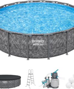 Bestway APX 365 18' x 52" Above Ground Pool, Round Metal Frame Outdoor Swimming Pool Set with Sand Filter Pump, Ladder, and Cover, Dark Marble