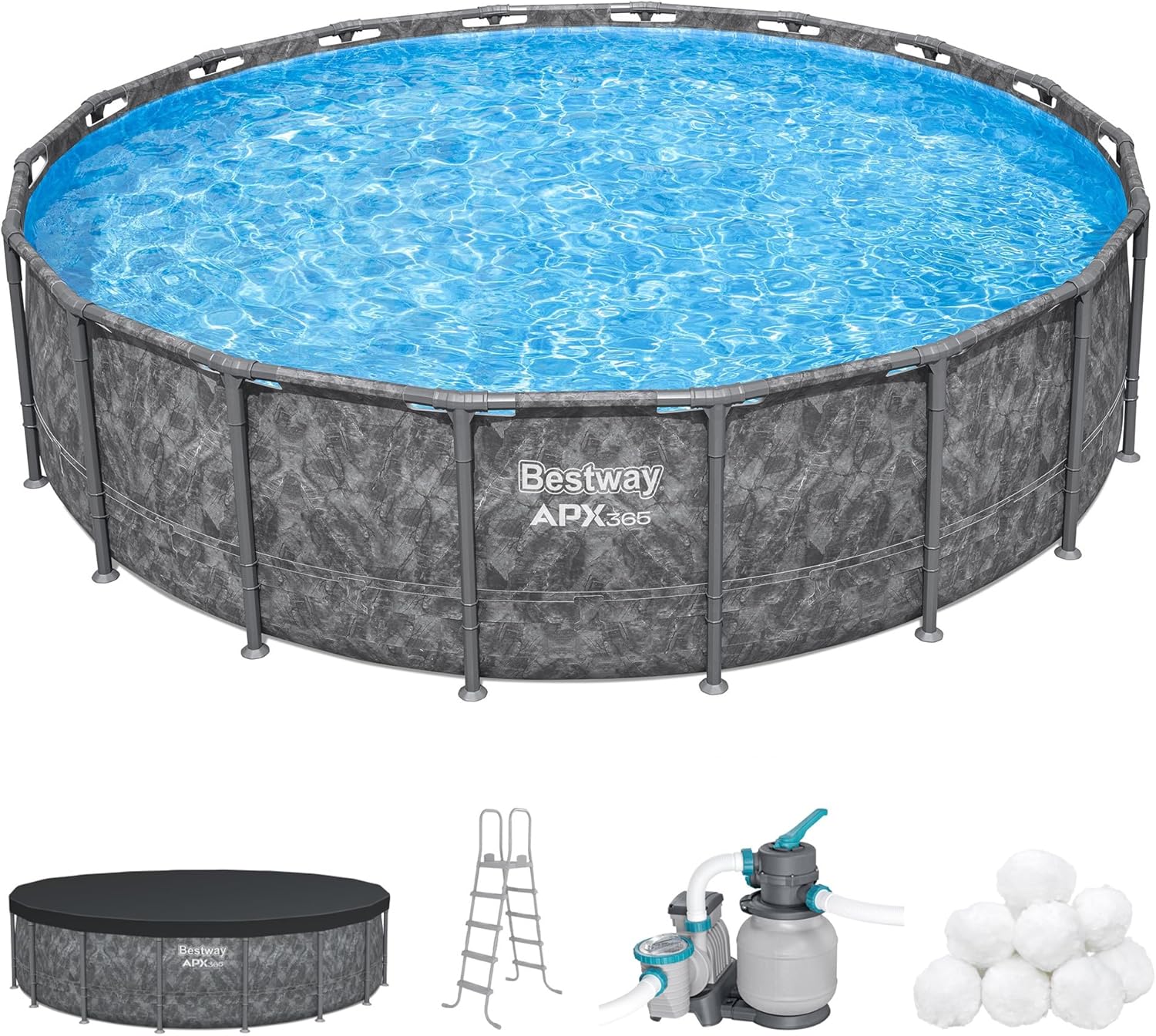 Bestway APX 365 18' x 52" Above Ground Pool, Round Metal Frame Outdoor Swimming Pool Set with Sand Filter Pump, Ladder, and Cover, Dark Marble Bestway APX 365 18' x 52" Above Ground Pool, Round Metal Frame Outdoor Swimming Pool Set with Sand Filter Pump, Ladder, and Cover, Dark Marble