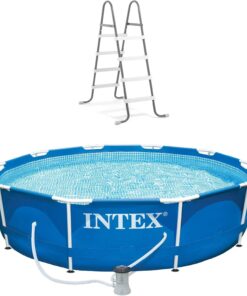 INTEX 10ft x 30in Round Metal Frame Above Ground Pool Set with 330 GPH Filter Pump, Type H Filter Cartridge, and Steel Frame Pool Ladder