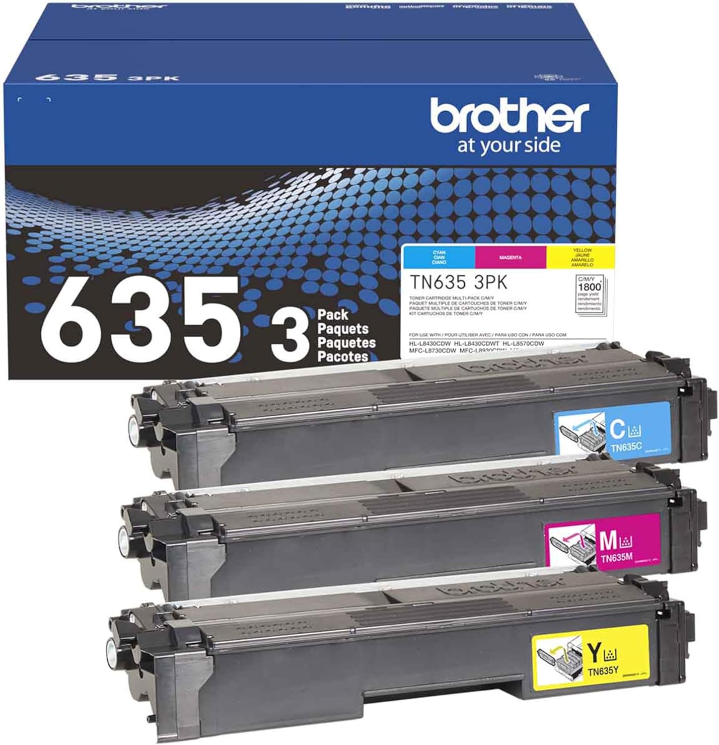 Brother Genuine TN635C, TN635M, TN635Y Standard Yield Cyan/Magenta/Yellow Toner Cartridges, TN635 3 Pack