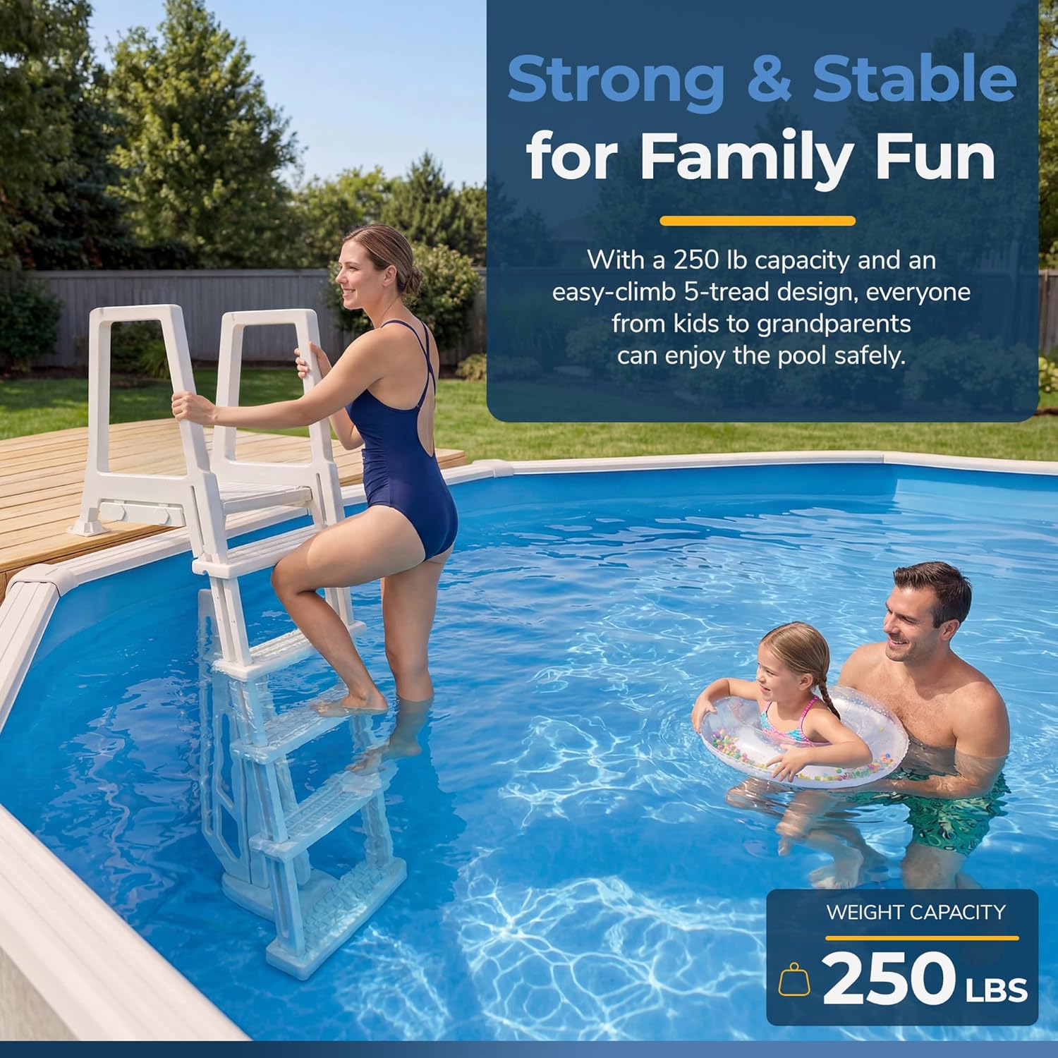 8163dnDnV1L._AC_SL1500_.jpg Blue Wave 5 Tread Above Ground Pool Ladder - Heavy Duty Resin Pool Steps for 48 to 54 in Deck Heights - 5-in Non-Skid Treads, Rust-Free with 250 lb Weight Capacity, White