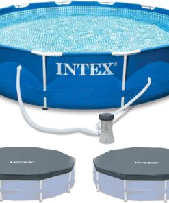 INTEX Metal Frame 12ft x 30in Round 6 Person Outdoor Swimming Pool Set with Filter Pump, Type-A Cartridge and Pool Covers (2-Pack), Tool-Free Assembly