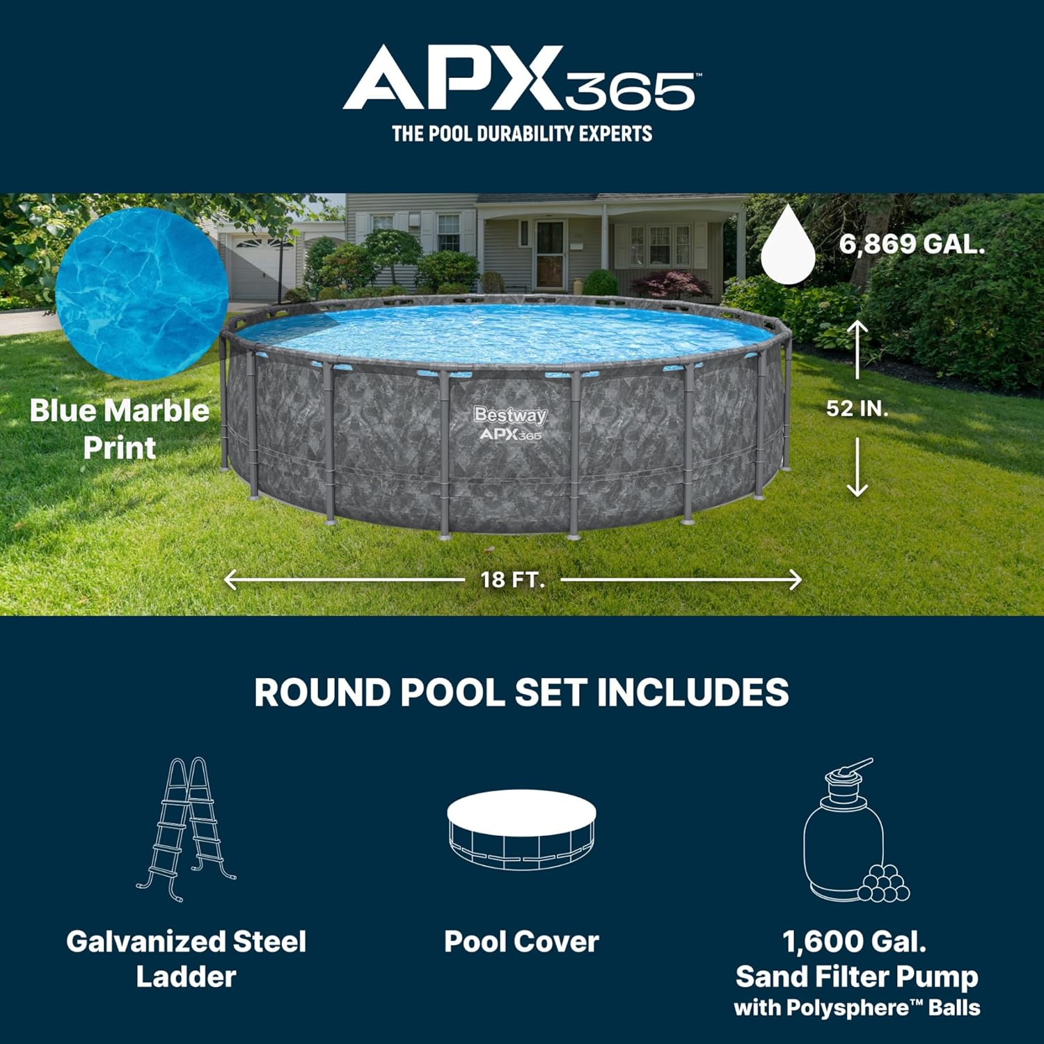 Bestway APX 365 18' x 52" Above Ground Pool, Round Metal Frame Outdoor Swimming Pool Set with Sand Filter Pump, Ladder, and Cover, Dark Marble Bestway APX 365 18' x 52" Above Ground Pool, Round Metal Frame Outdoor Swimming Pool Set with Sand Filter Pump, Ladder, and Cover, Dark Marble - Image 3