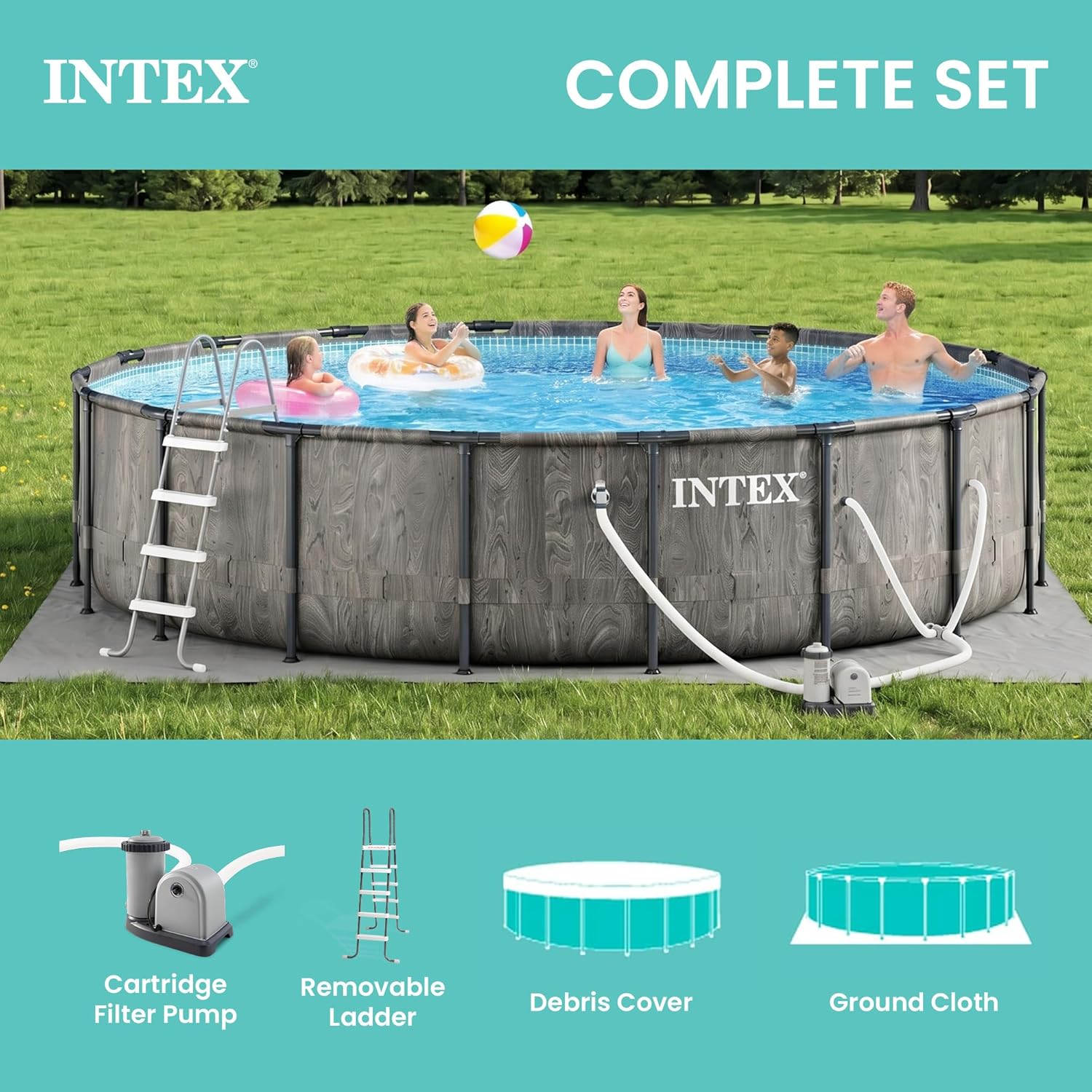 Intex Prism Frame Round Above Ground Outdoor Swimming Pool Set with Filter Pump, Ladder, Ground Cloth, and Pool Cover, Greywood Intex Prism Frame Round Above Ground Outdoor Swimming Pool Set with Filter Pump, Ladder, Ground Cloth, and Pool Cover, Greywood - Image 6