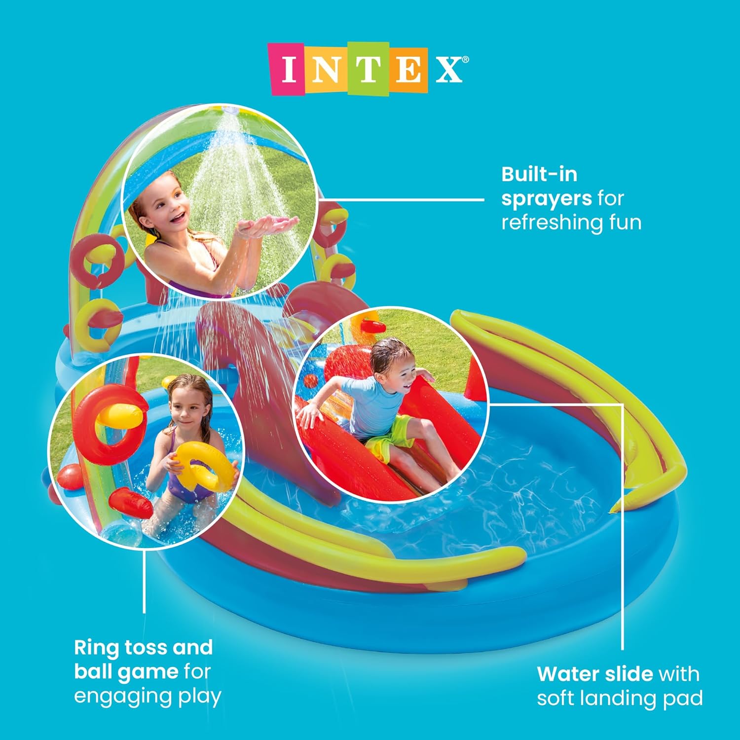 Intex 57453EP 9.75 Foot x 6.3 Foot x 53 Inch Multicolor Rainbow Slide Kids Inflatable Pool with Water Slide and Ring Toss for Children Ages 2 and Up Intex 57453EP 9.75 Foot x 6.3 Foot x 53 Inch Multicolor Rainbow Slide Kids Inflatable Pool with Water Slide and Ring Toss for Children Ages 2 and Up - Image 3