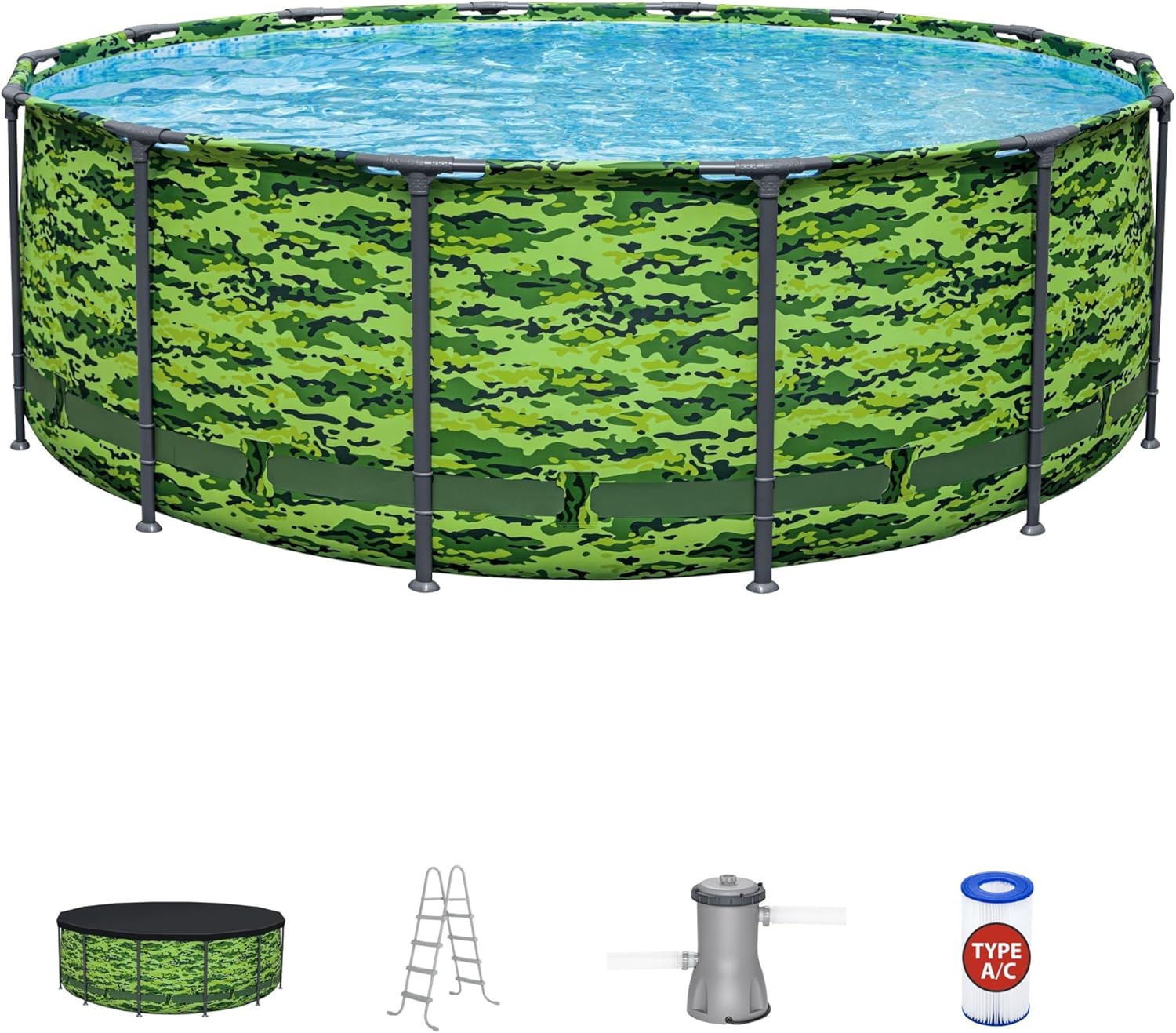 81E1LgKYHxL._AC_SL1500_.jpg Bestway Steel Pro Max 14'x48 Camo Pool Set | Durable Construction, Easy Assembly, and All-Inclusive Accessories - Above Ground Pool Set with Filter Pump, Ladder, and Pool Cover - No Tools Required!
