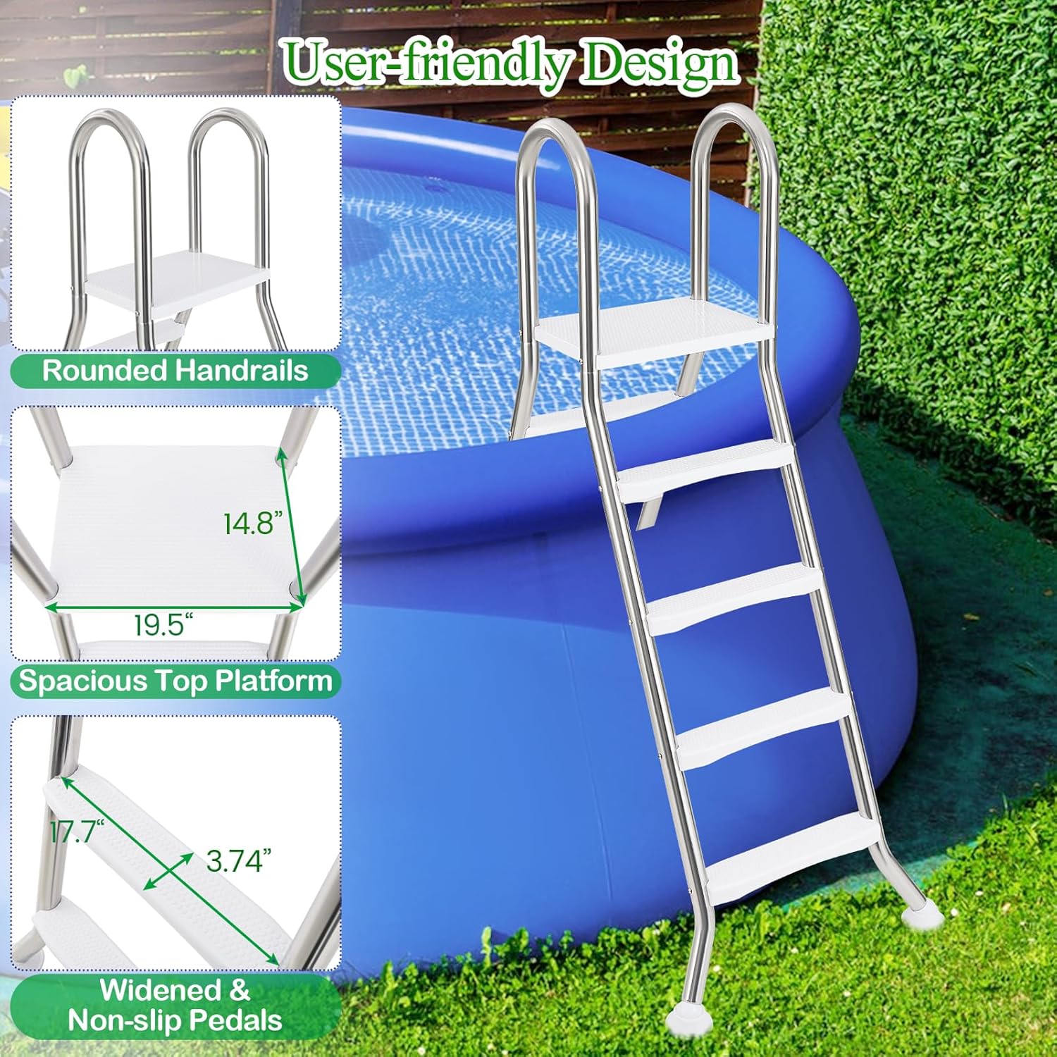 81EQXH0yGtL._AC_SL1500_.jpg IRONMAX Above Ground Pool Ladder, Heavy Duty Stainless Steel Swimming Pool Ladder with Top Platform and Non-Slip Steps, 4-Step Double-Sided Pool Stairs for 55" Pool Wall Height