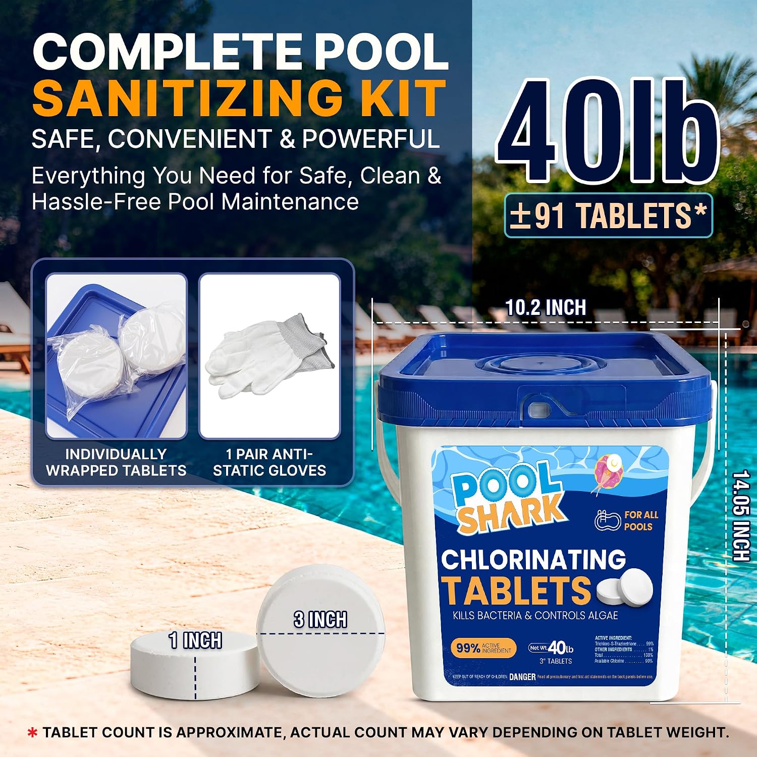 81FMM-Hp55L._AC_SL1500_.jpg Pool Shark Swimming Pool Chlorine Tablets | 40 lbs | 3-Inch Chlorine Tablets | Slow-Dissolving 90% Active Chlorine Tabs | Pool Chemicals for Inground Pools, Above Ground Pools, Saltwater, Spa, Hot Tub