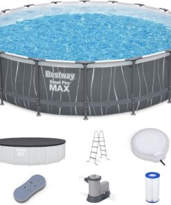 Bestway Steel Pro MAX 18' x 48" Above Ground Pool, Round Metal Frame Outdoor Swimming Pool Set with LED Light, Filter Pump, Ladder, & Cover, Dark Gray