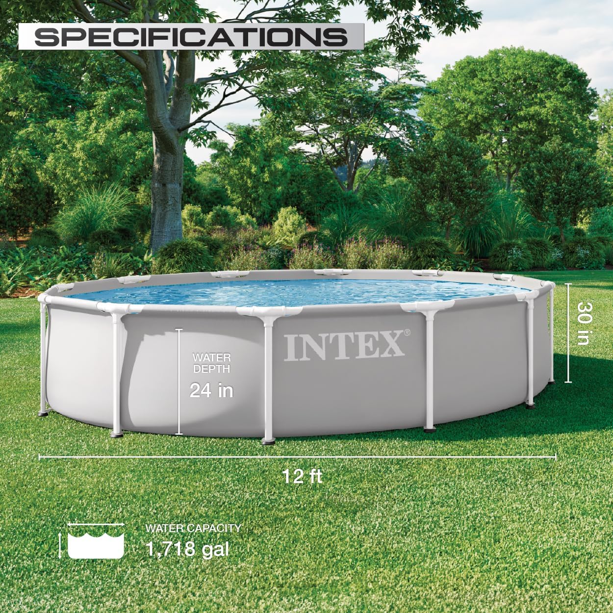 81Gn7PKTSgL._AC_SL1250_.jpg INTEX 26710EP 12Ft X 30In Prism Frame Premium Above Ground Swimming Pool, SuperTough Puncture Resistant, Rust Resistant, Easy Assemble, 1718 Gallon Capacity, Pool Only (Pump Not Included)