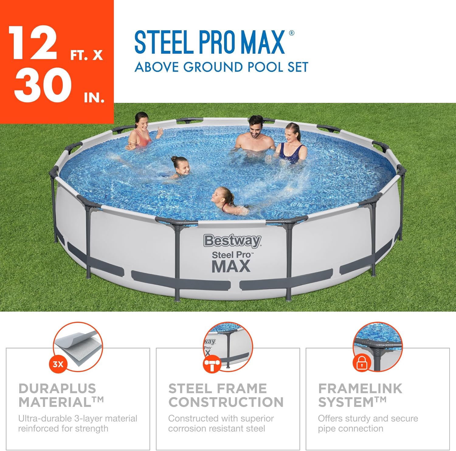 81HOC6wkntL._AC_SL1500_.jpg Bestway Steel Pro MAX Above Ground Swimming Pool (12' x 30") | Round Outdoor Backyard Family Pool with Tritech® Puncture-Resistant Liner | Easy Setup | Includes Filter Pump for Clean, Clear Water