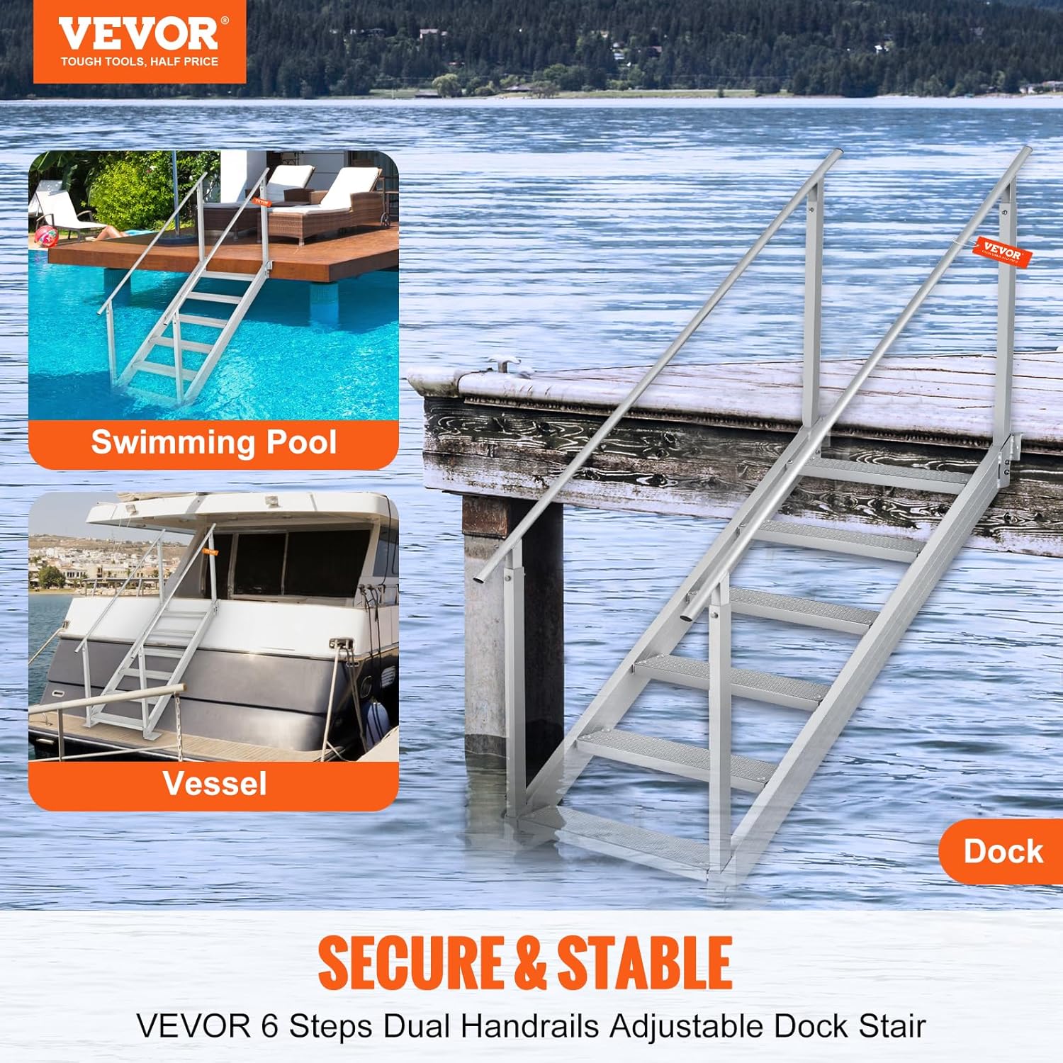 81LhXr6XhsL._AC_SL1500_.jpg VEVOR Dock Ladder 6 Steps, 500lbs Load Pool Steps, Adjustable Height Aluminum Dock Stairs, Pontoon Boat Ladder with Handrails & Widen Nonslip Pedals for Lake/Pool/Marine Boarding/RV/House