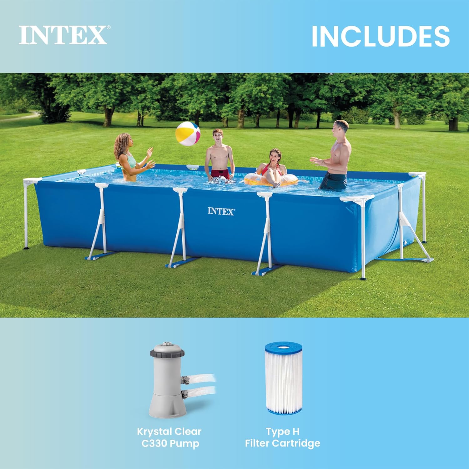 81N2OOP5c6L._AC_SL1500_.jpg INTEX 28279EH Rectangular Frame 14 ft 9 in x 7 ft 3 in x 33 in Above Ground Pool, Swimming Pool with Steel Frame and 530 GPH Cartridge Filter Pump
