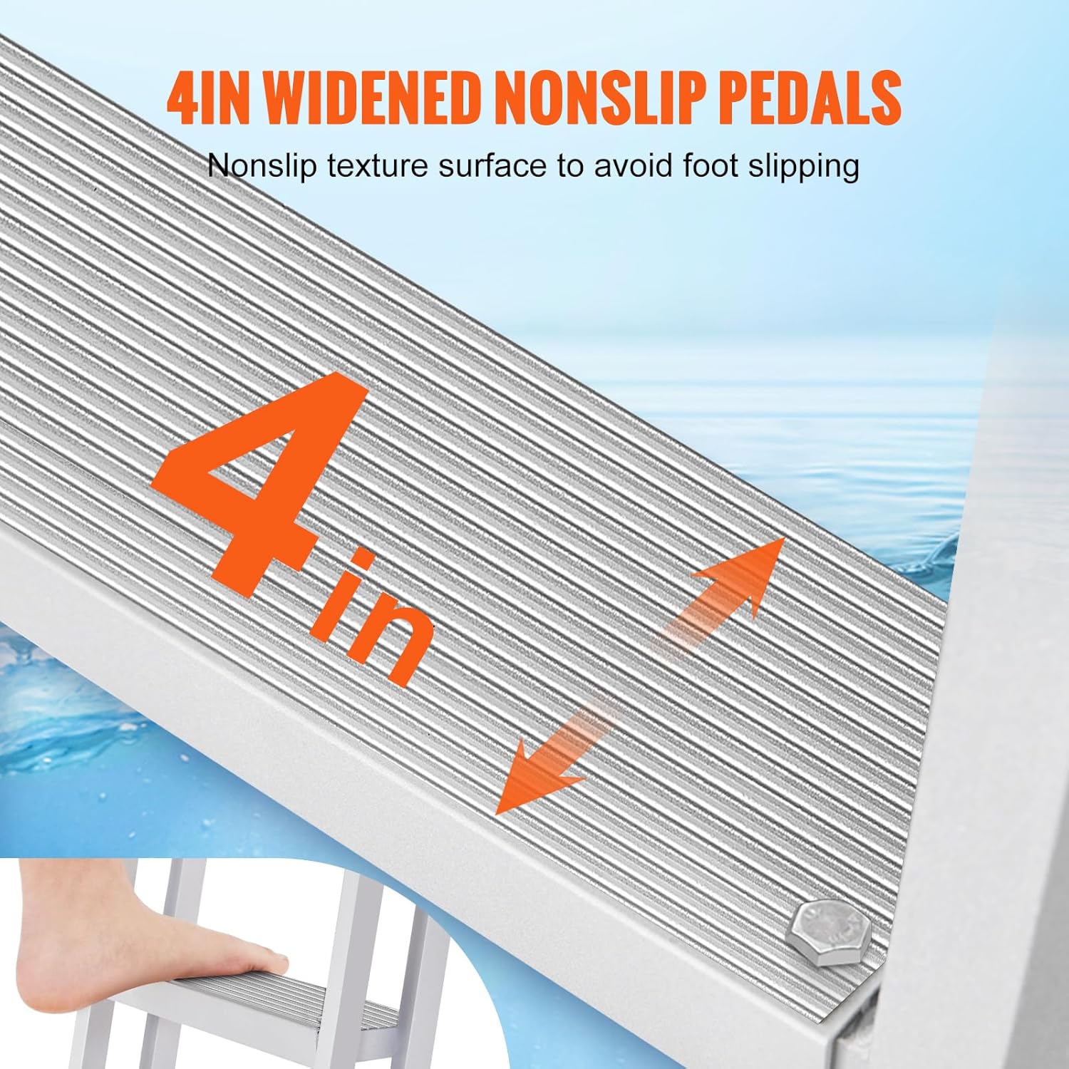 81PdDe5MYuL._AC_SL1500_.jpg VEVOR Removable Dock Ladder 5 Steps, 350 lbs Load Capacity, Pontoon Boat Ladder with 4'' Wide Step & Nonslip Mat for Ship/Lake/Pool/Marine Boarding