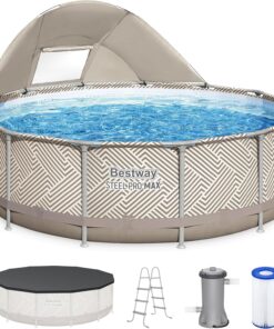 Bestway Steel Pro MAX 13' x 42" Above Ground Pool, Round Metal Frame Outdoor Swimming Pool Set with Canopy, Filter Pump, Ladder, and Cover, Taupe