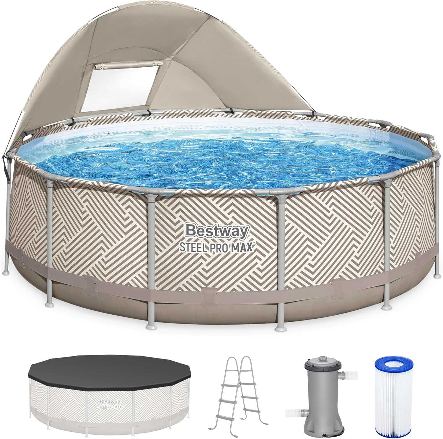 Bestway Steel Pro MAX 13' x 42" Above Ground Pool, Round Metal Frame Outdoor Swimming Pool Set with Canopy, Filter Pump, Ladder, and Cover, Taupe