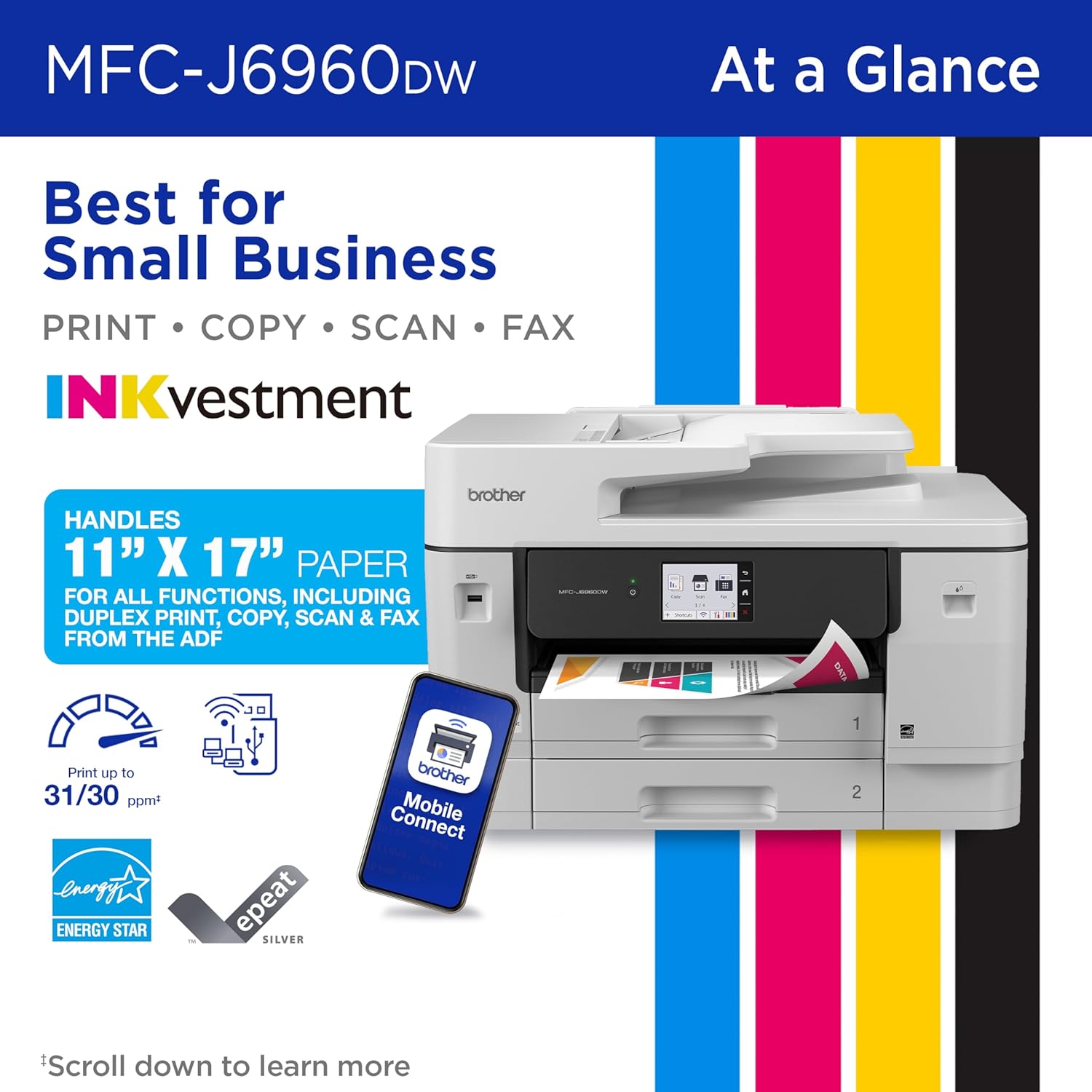 81V-BwVR9L._AC_SL1500_.jpg Brother INKvestment 6960 Wireless Color Inkjet All-in-One Printer with 11”x17” Capabilities and 3.5” Color Touchscreen | Includes Refresh Subscription Trial(1) (MFC-J6960DW)