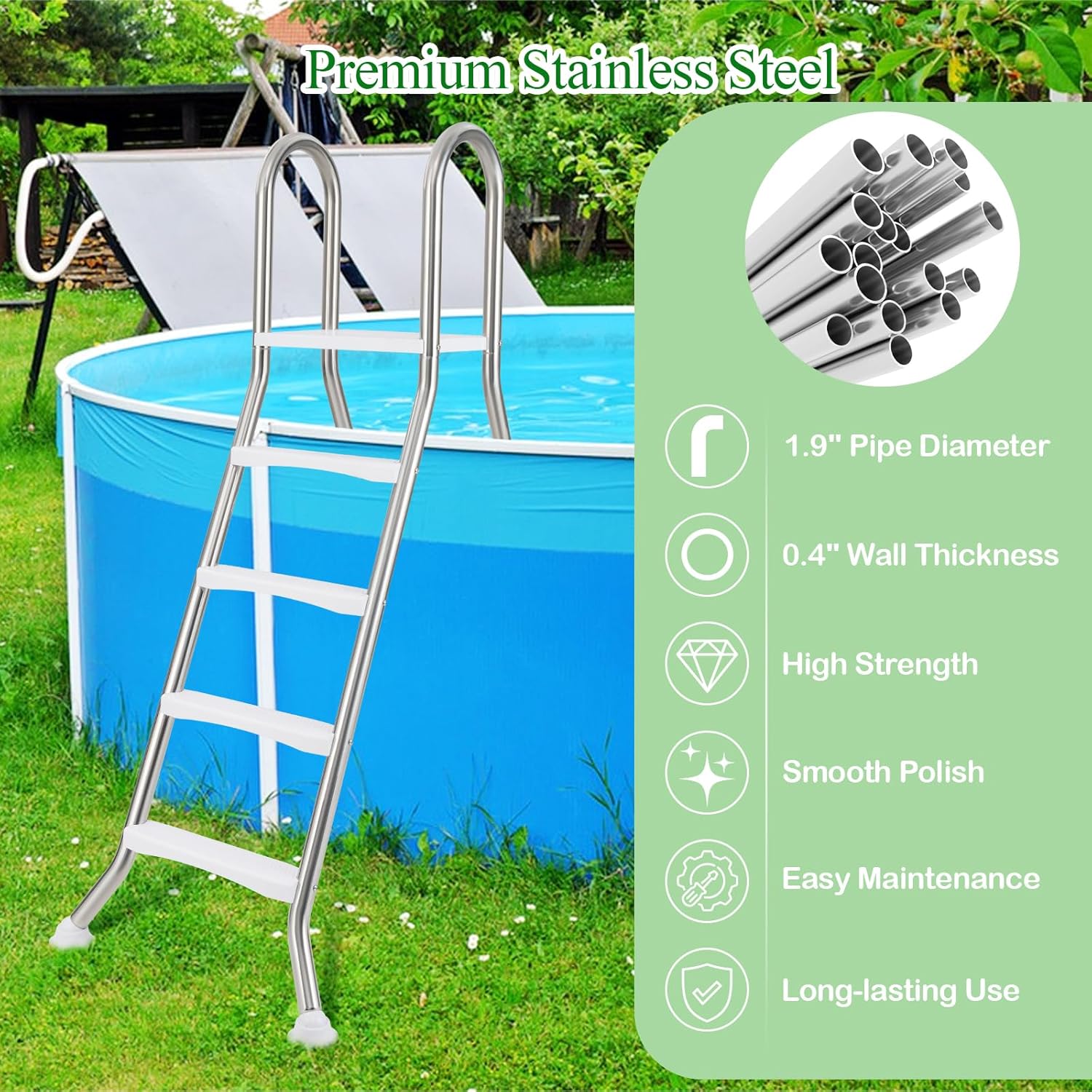 81V26BJbQ4L._AC_SL1500_.jpg IRONMAX Above Ground Pool Ladder, Heavy Duty Stainless Steel Swimming Pool Ladder with Top Platform and Non-Slip Steps, 4-Step Double-Sided Pool Stairs for 55" Pool Wall Height