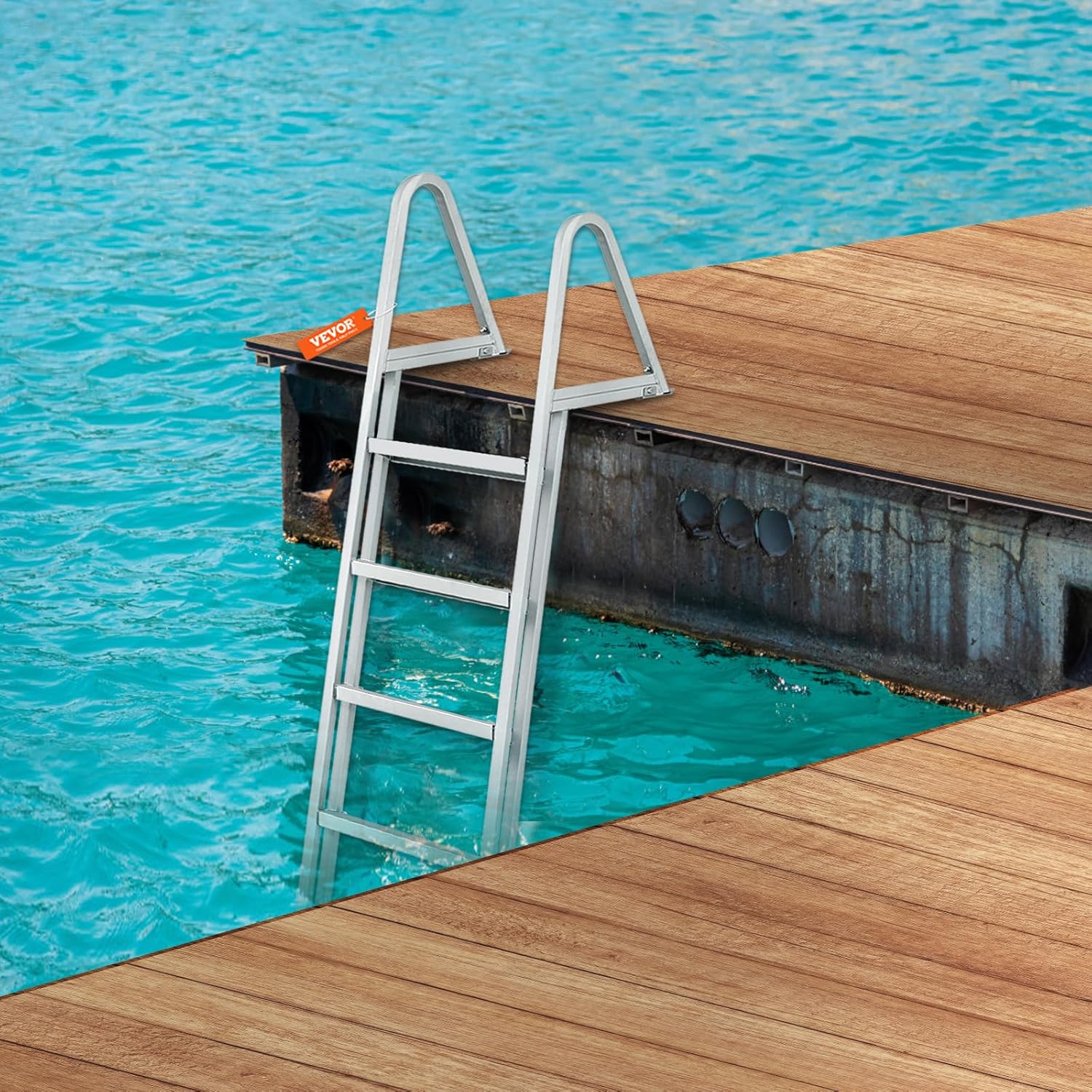 81VXV1bX2NL._AC_SL1500_.jpg VEVOR Removable Dock Ladder 5 Steps, 350 lbs Load Capacity, Pontoon Boat Ladder with 4'' Wide Step & Nonslip Mat for Ship/Lake/Pool/Marine Boarding