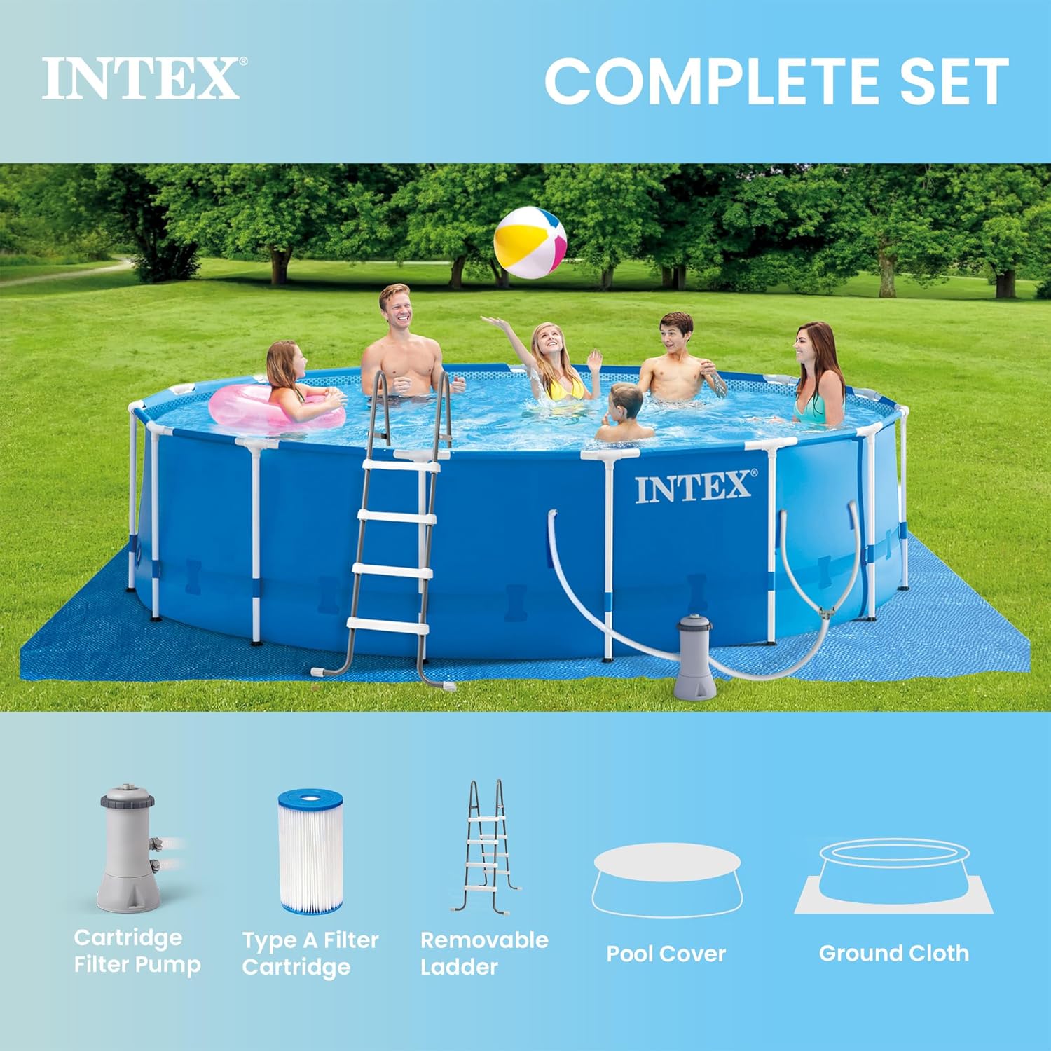 Intex Metal Frame 15' x 48" Round Above Ground Swimming Pool Set with Filter Pump, Ladder, and Cover with Maintenance Accessory Vacuum and Skimmer Kit Intex Metal Frame 15' x 48" Round Above Ground Swimming Pool Set with Filter Pump, Ladder, and Cover with Maintenance Accessory Vacuum and Skimmer Kit - Image 5