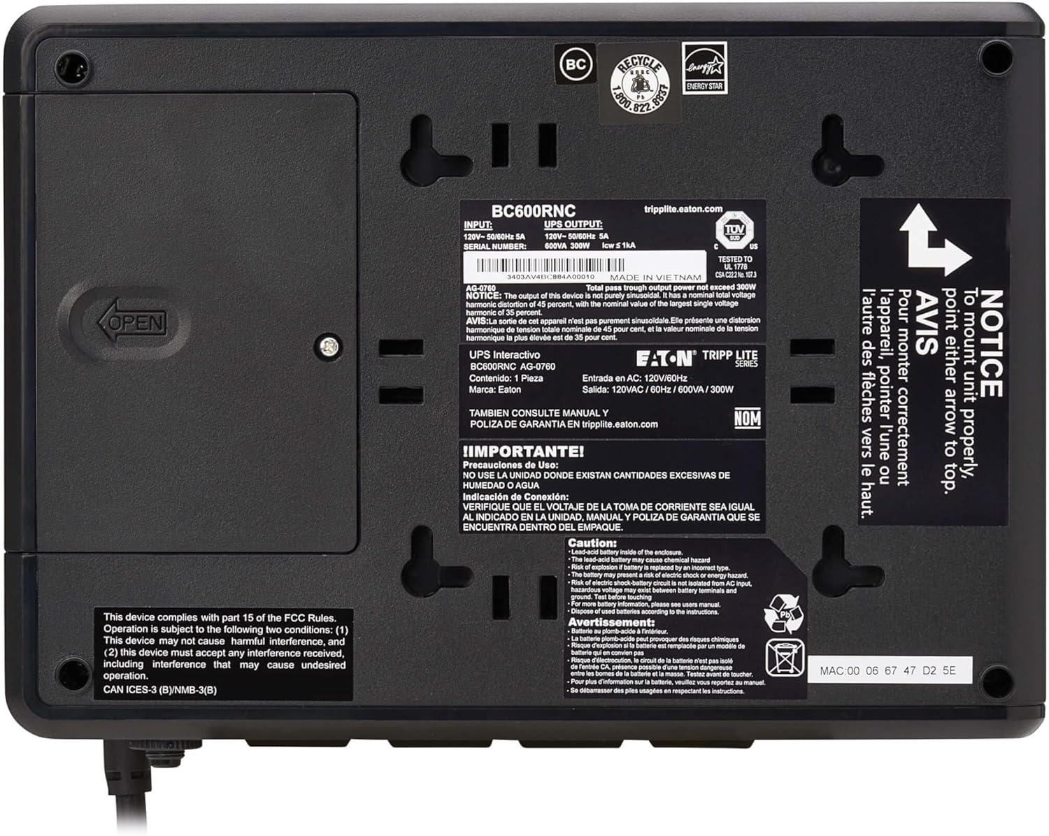 Tripp Lite Cloud-Connected 600VA UPS Battery Backup and Surge Protector, Remote Management & Monitoring, 300W, 4 Outlets, Computer UPS, Wall Mount Option, 5ft Cord, 3-Year Warranty (BC600RNC) Tripp Lite Cloud-Connected 600VA UPS Battery Backup and Surge Protector, Remote Management & Monitoring, 300W, 4 Outlets, Computer UPS, Wall Mount Option, 5ft Cord, 3-Year Warranty (BC600RNC) - Image 6