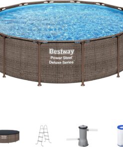 Bestway Power Steel 14’ x 42” Above Ground Pool, Round Metal Frame Outdoor Swimming Pool Set with Filter Pump, Ladder, and Cover, Brown