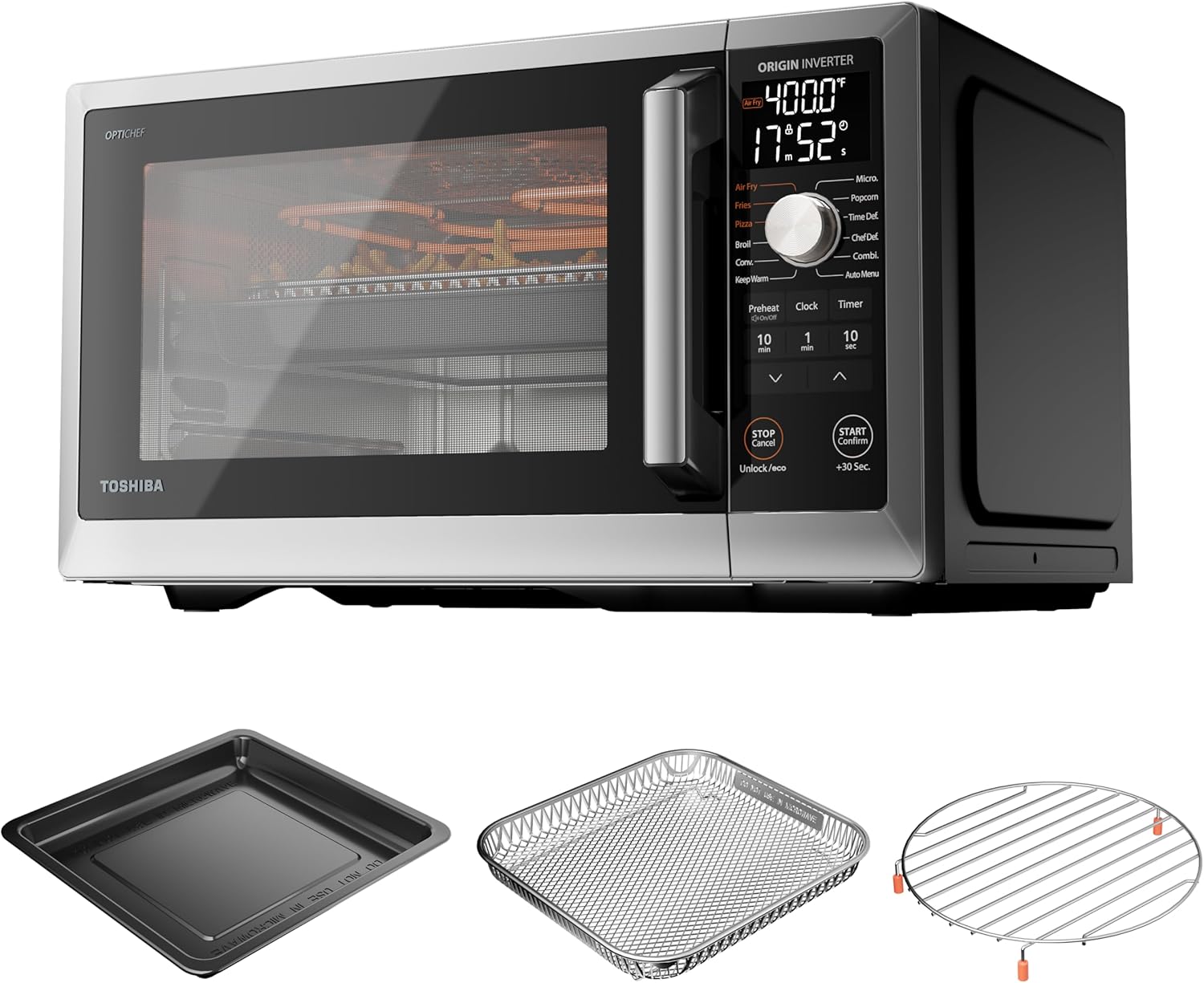 TOSHIBA Optichef Pro Air Fryer Combo Countertop Microwave Oven with Origin Inverter, ChefDefrost, 1.0 Cu.ft., 1000W, Black Stainless Steel, ML2-EC10SAITC(BS)