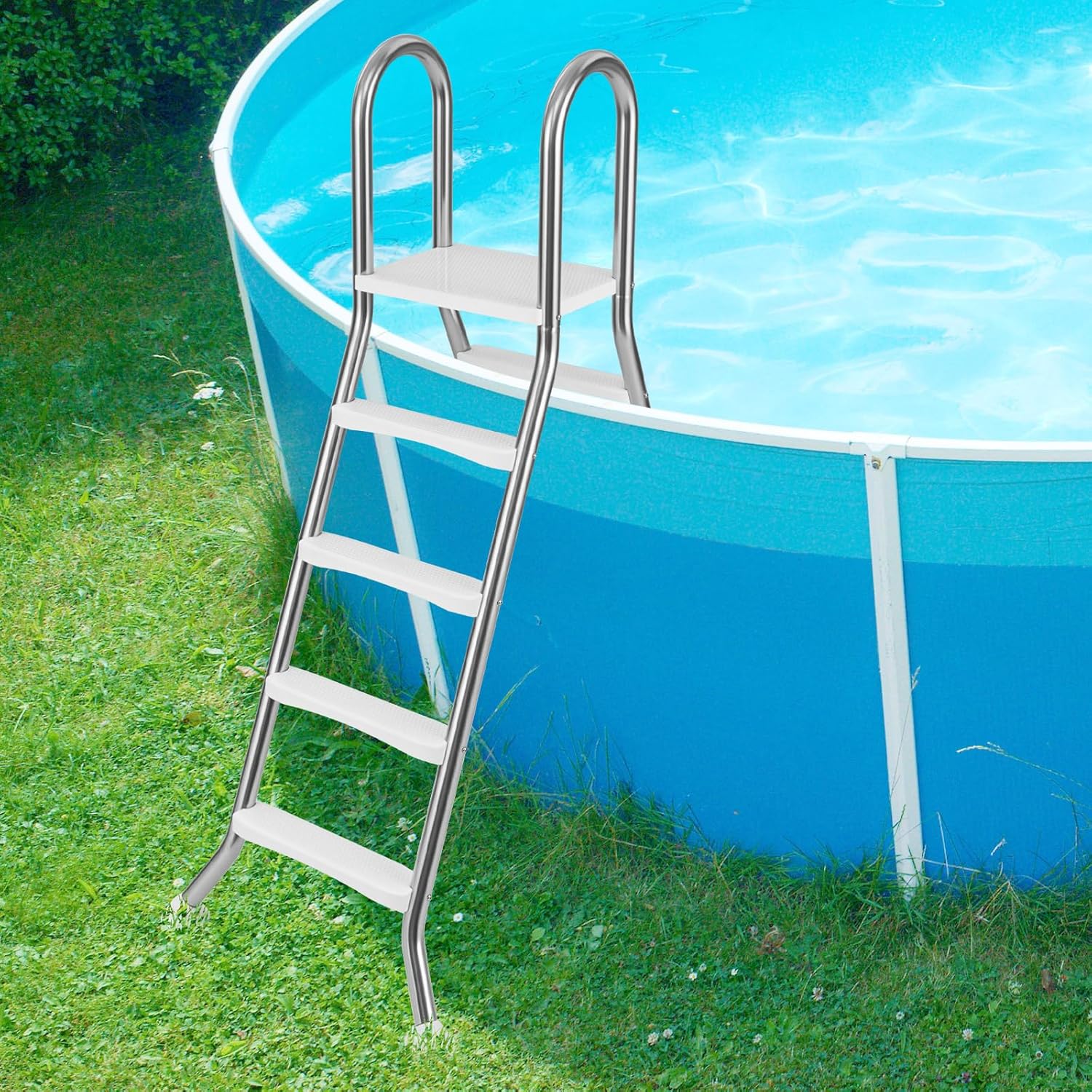 81aNOU1UQYL._AC_SL1500_.jpg Goplus 4-Step Steel Frame Above Ground Swimming Pool Ladder for 55" Pool Wall Heights, Double-Sided Entry & Exit Ladder w/Non-Slip Steps, Top Platform, Rotating Foot Pads