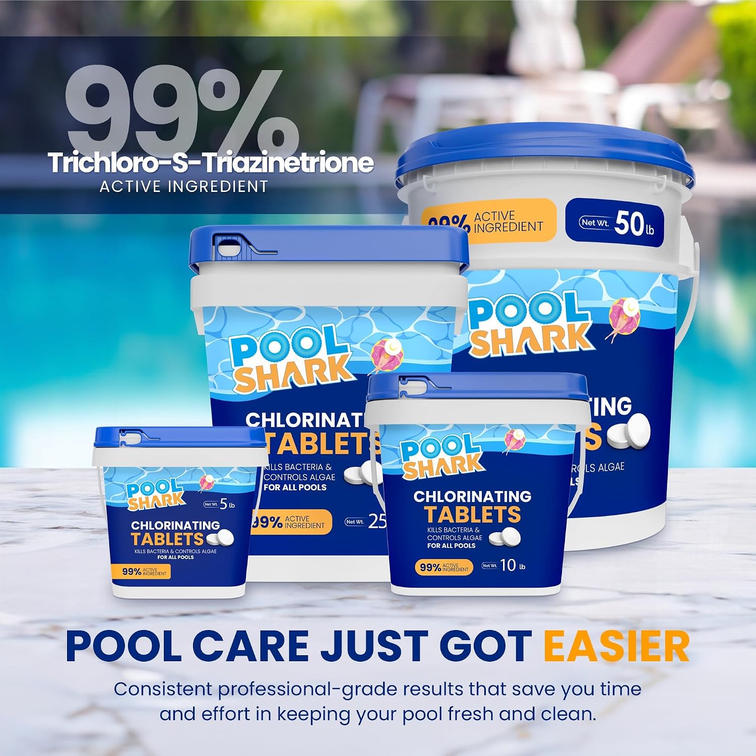 81bbG79-h3L._AC_SL1500_.jpg Pool Shark Swimming Pool Chlorine Tablets - 3-Inch Chlorine Tablets - Slow-Dissolving 90% Active Chlorine Tabs - Pool Chemicals for Inground Pools, Above Ground Pools, Saltwater, Spa, Hot Tub (50 lbs)