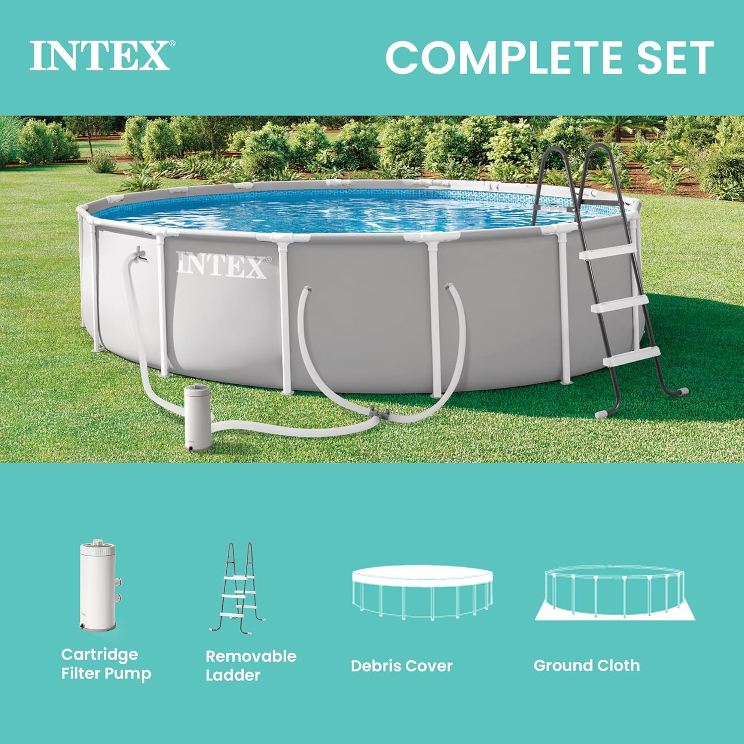 81cZfAt83IL._AC_SL1500_.jpg INTEX Prism Frame 15 ft x 42 in Above Ground Pool Set, Round Swimming Pool with Steel Frame, 1000 GPH Cartridge Filter Pump, Ladder, Cover, & Ground Cloth