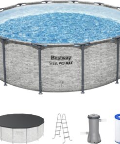 Bestway Steel Pro MAX 14' x 48" Above Ground Pool, Round Metal Frame Outdoor Swimming Pool Set with Filter Pump, Ladder, and Cover, Gray Stone Print