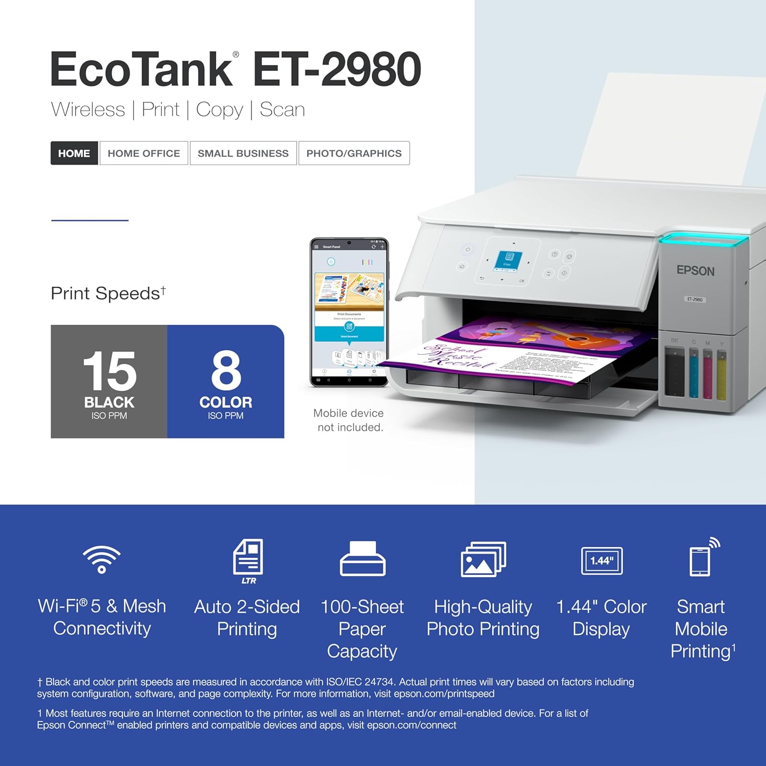 81e7bIknfTL._AC_SL1500_.jpg Epson EcoTank ET-2980 Wireless All-in-One Color Supertank Printer with Refillable Ink Tanks, 3 Years of Ink, Mobile Printing, 15 PPM, Color Touchscreen, Auto 2-Sided, White