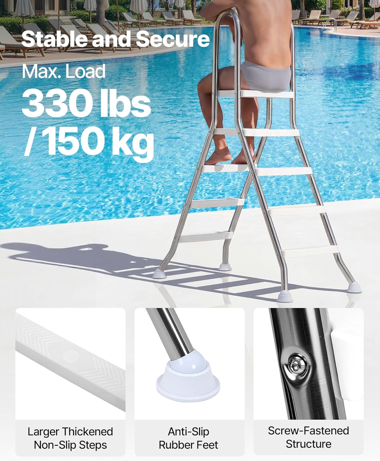 81ekvc-V5wL._AC_SL1500_.jpg VEVOR Above Ground Pool Ladder, Stainless Steel A-Frame Swimming Pool Stairs for 49.2 in High Wall, 300 lbs Capacity Heavy Duty Entry/Exit Steps with Secure Non-Slip 3 Steps and Platform, Silver