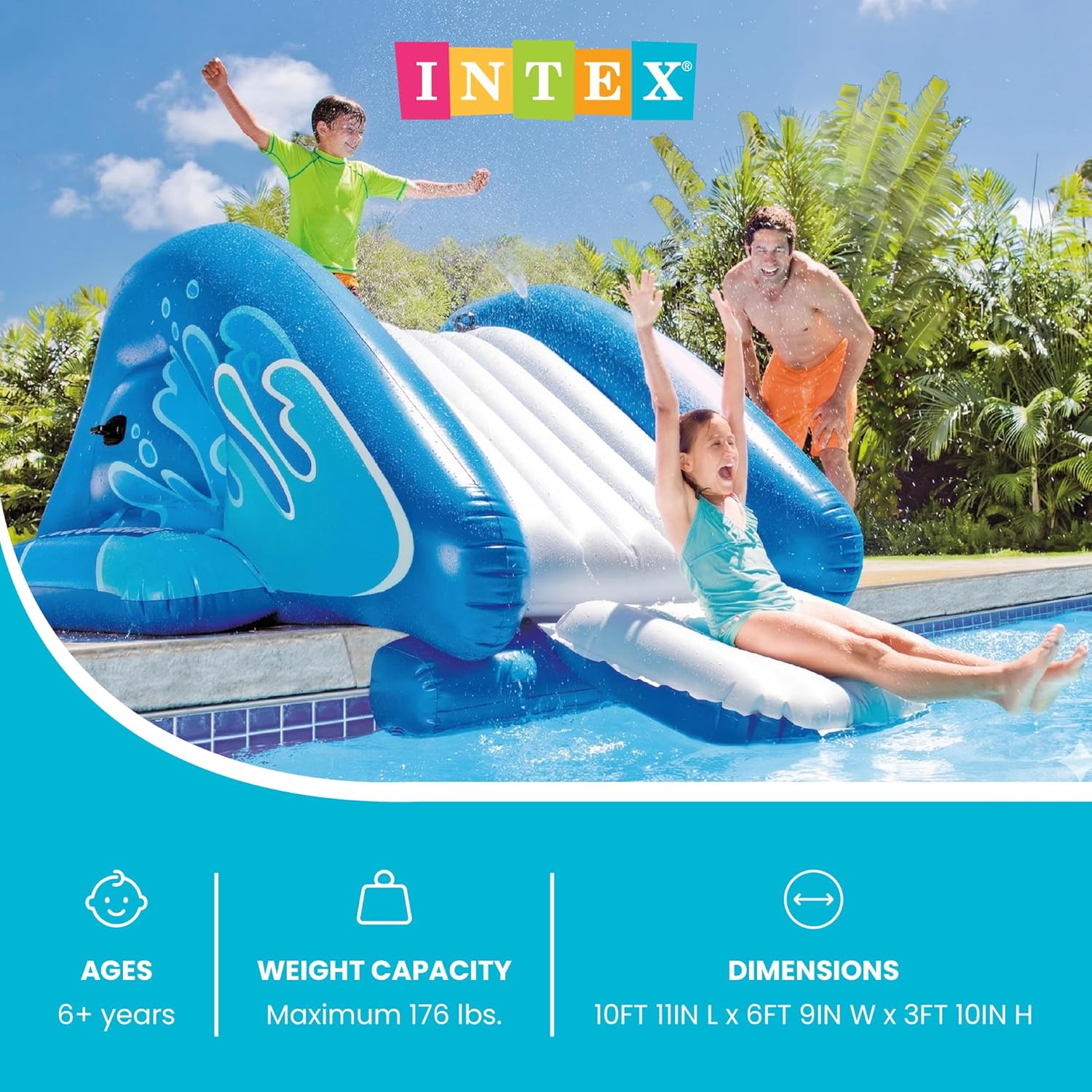81fET5S-LKL._AC_SL1500_.jpg Intex Kool Splash Inflatable Water Slide Swimming Pool Play Center with Built in Sprayers for Kids and Adults, Ages 6 and Up, Blue