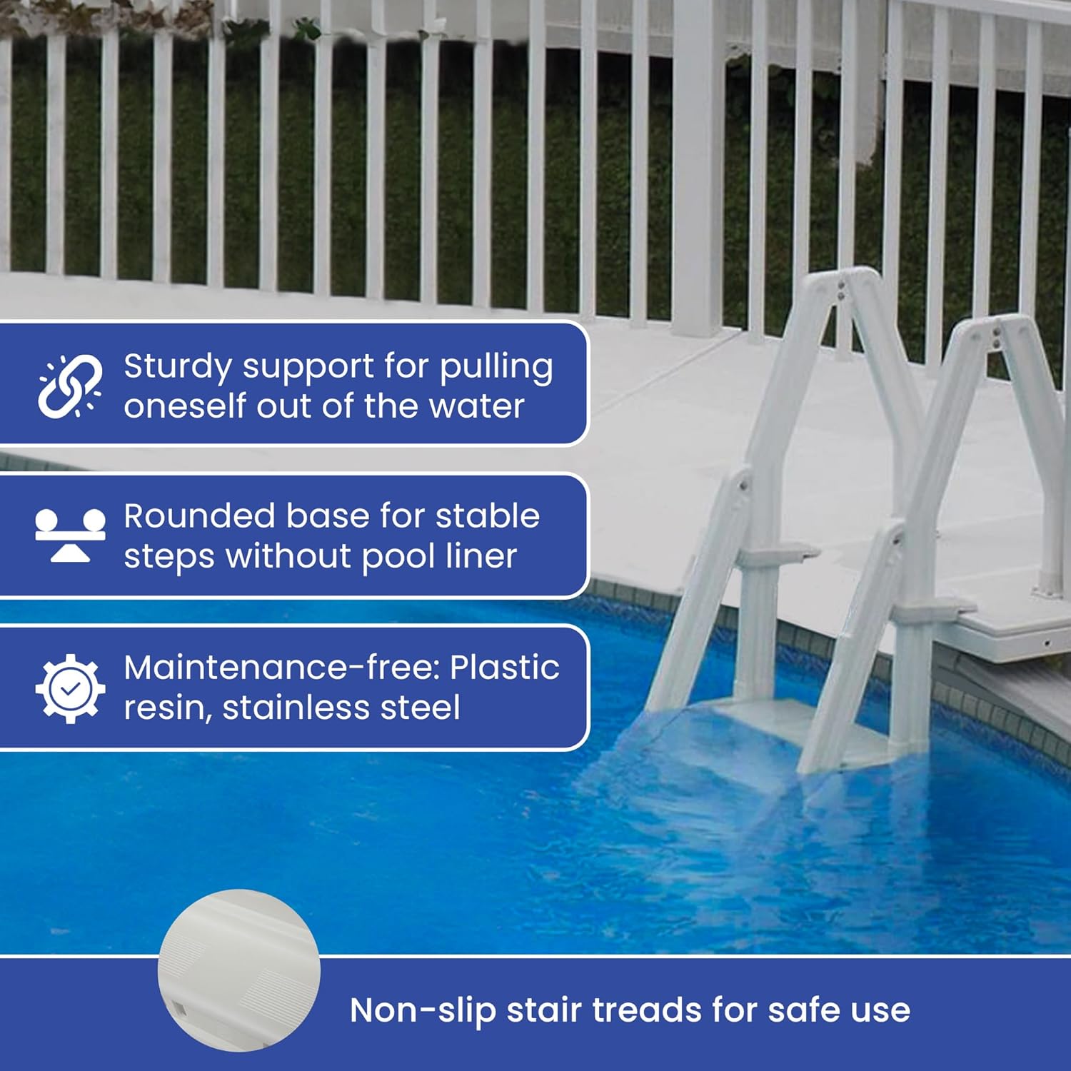 81fJeOwg4gL._AC_SL1500_.jpg Vinyl Works 24 Inch in Pool Step Ladder, Adjustable Stair Entry System with Handrails and Non-Slip Surface for Above Ground Swimming Pools, White