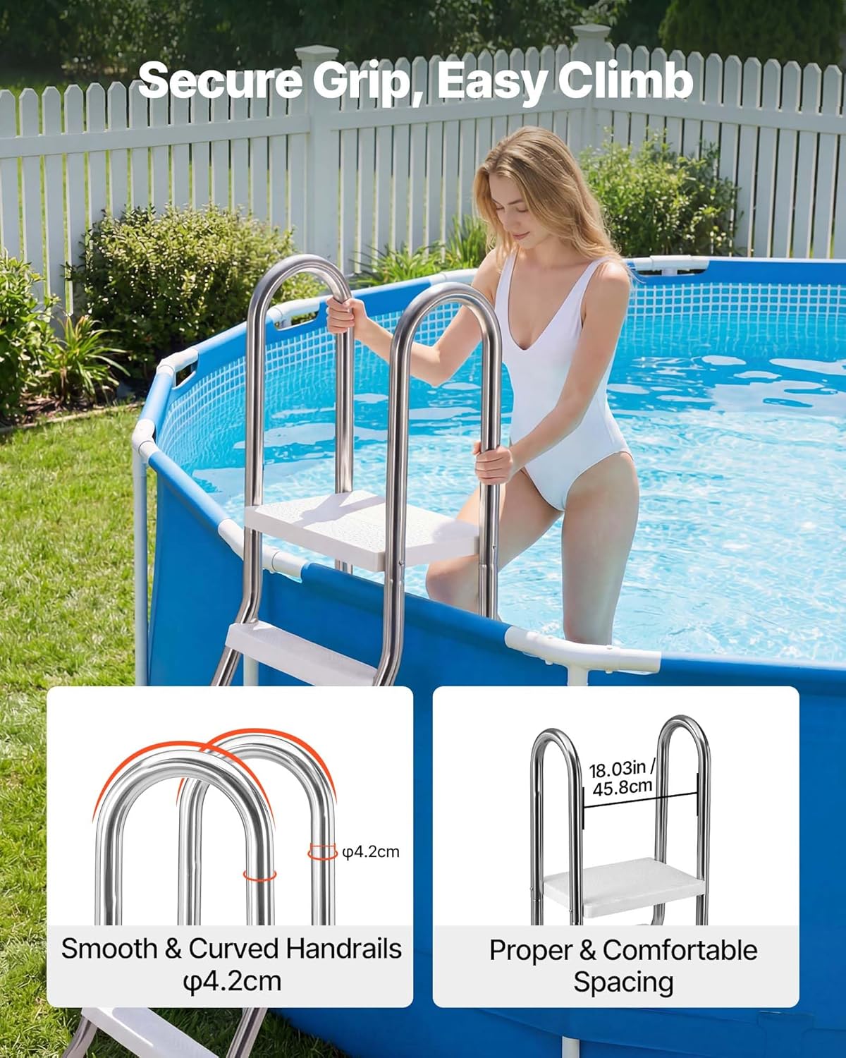 81fpbGTCcLL._AC_SL1500_.jpg VEVOR Above Ground Pool Ladder, Stainless Steel A-Frame Swimming Pool Stairs for 49.2 in High Wall, 300 lbs Capacity Heavy Duty Entry/Exit Steps with Secure Non-Slip 3 Steps and Platform, Silver