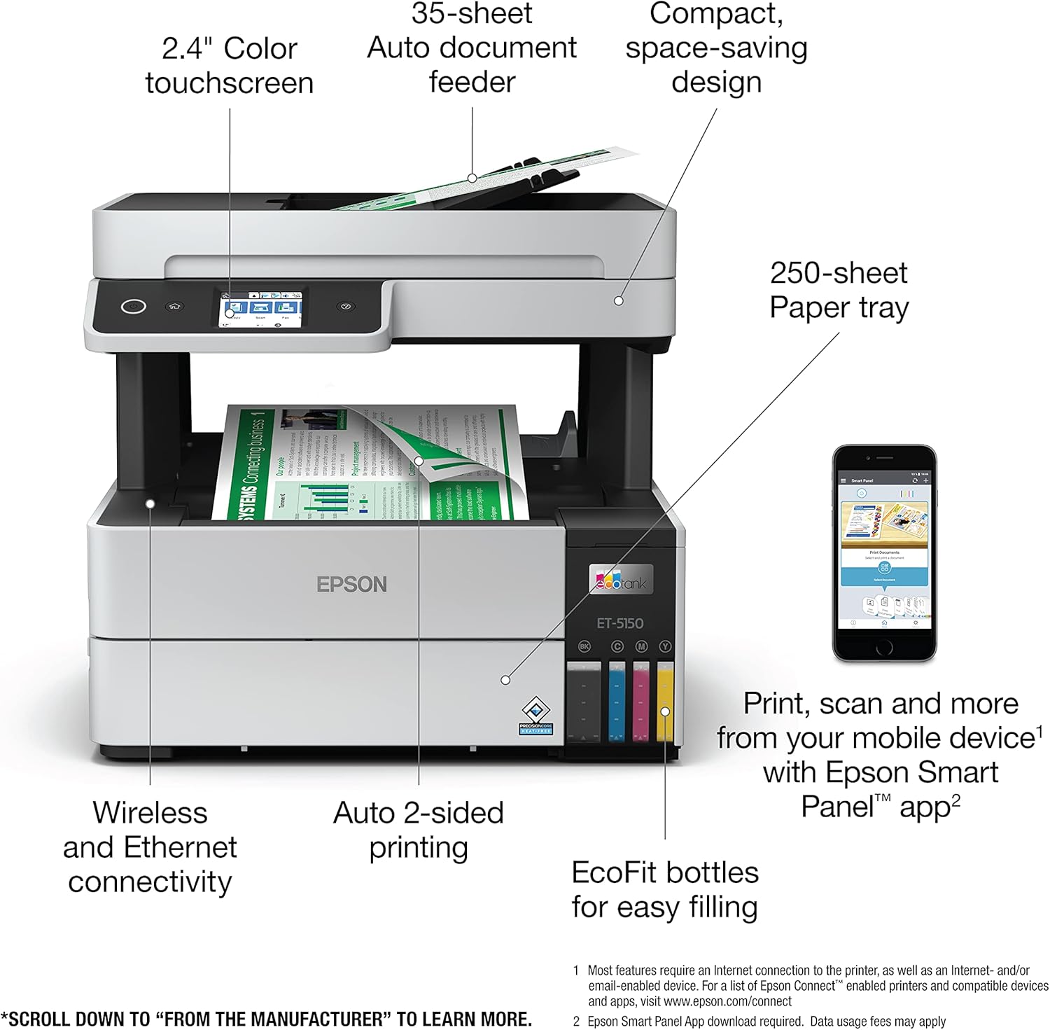 81fyUzM2RfL._AC_SL1500_.jpg Epson EcoTank Pro ET-5150 Wireless Color All-in-One Supertank Printer with Scanner, Copier, Plus Auto Document Feeder, Large, White