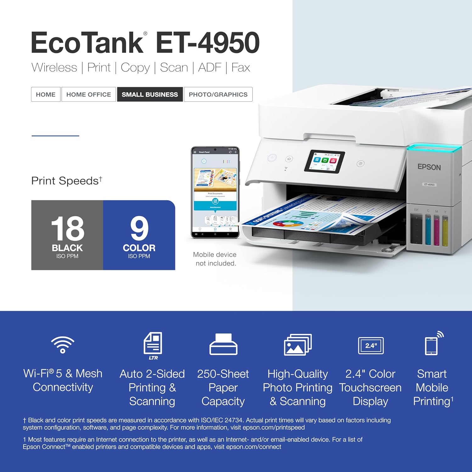 81gfVY5pd0L._AC_SL1500_.jpg Epson EcoTank ET-4950 Wireless All-in-One Color Supertank Printer with up to 3 Years of Ink Refillable Tanks, Perfect for Office, 18 PPM, 2.4" Colorful Touchscreen, Auto Document Feeder - White