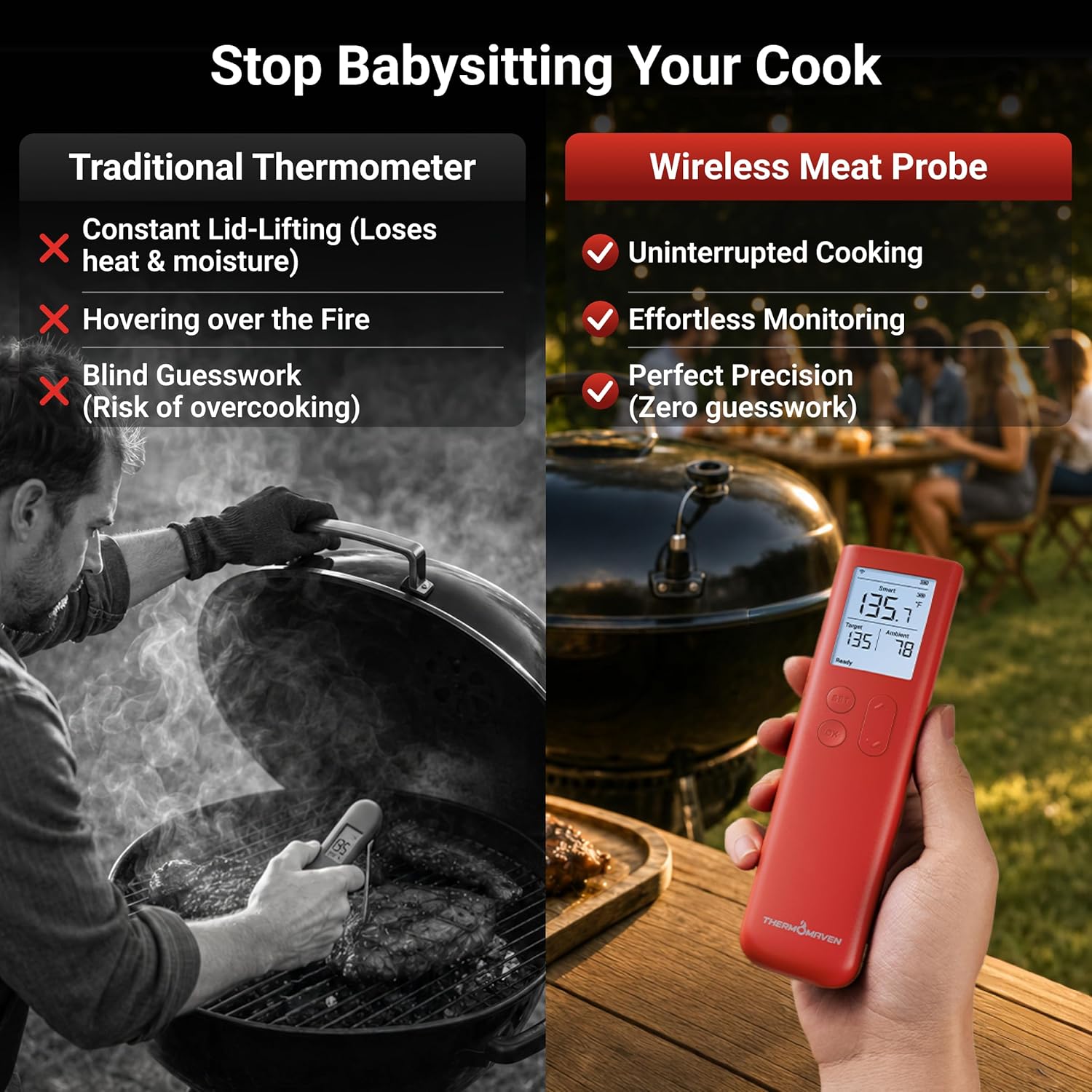 ThermoMaven Smart Bluetooth Wireless Meat Thermometer, 10X Enhanced Sub-1G Signal and Stability, Standalone Display Base, Certified Accuracy ±0.5°F, WiFi Unlimited Range for BBQ, Oven, Smoker, Grill ThermoMaven Smart Bluetooth Wireless Meat Thermometer, 10X Enhanced Sub-1G Signal and Stability, Standalone Display Base, Certified Accuracy ±0.5°F, WiFi Unlimited Range for BBQ, Oven, Smoker, Grill - Image 2