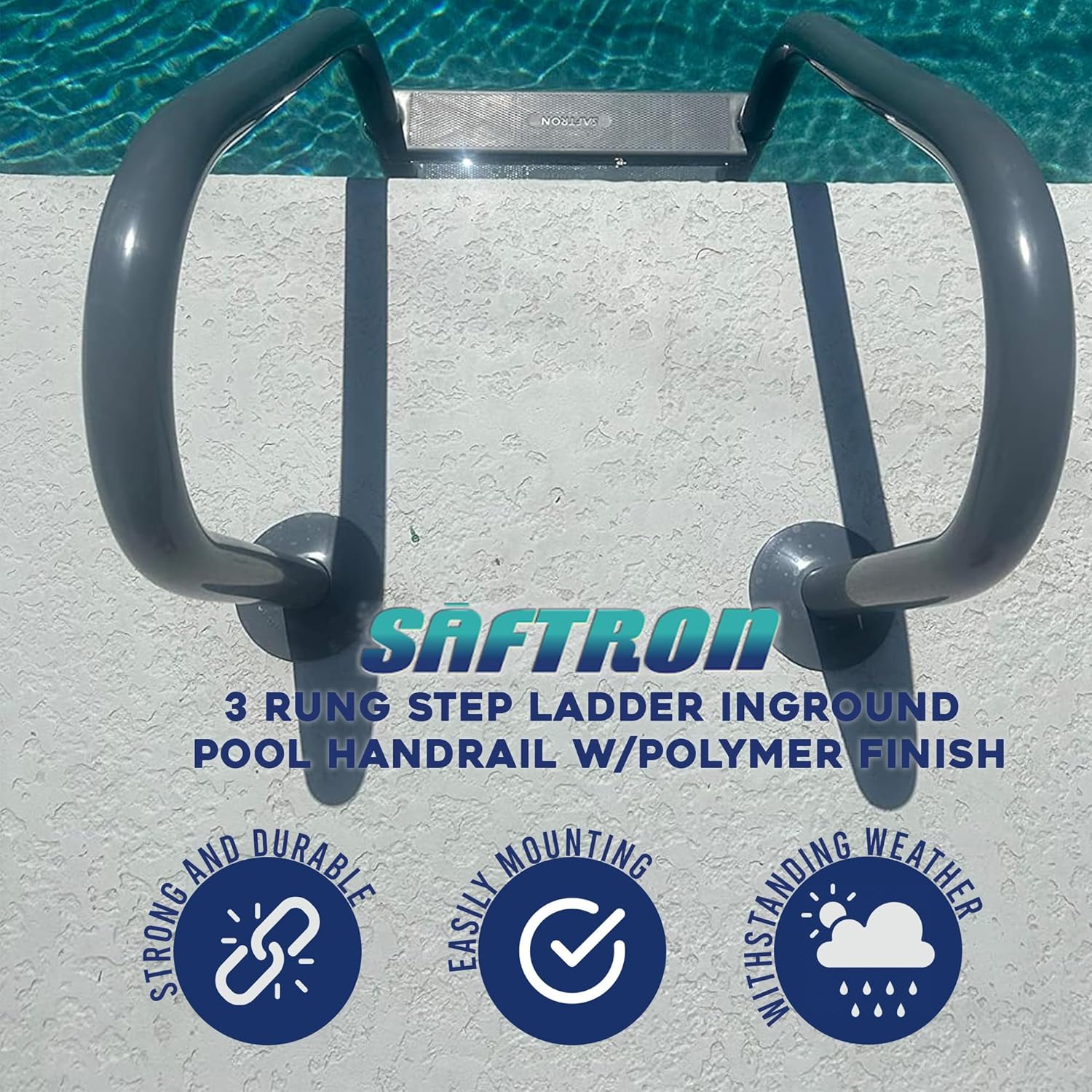 81jfi8EBclL._AC_SL1500_.jpg SAFTRON 3 Rung Step Ladder Metal Swimming Pool Handrail with Polymer Coat Finish for Fresh and Saltwater Inground Pool, Graphite Gray