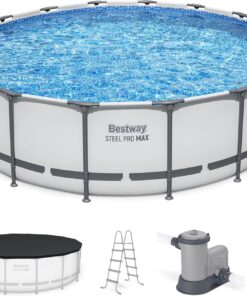 Bestway Steel Pro MAX 16' x 48" Above Ground Pool, Round Metal Frame Outdoor Swimming Pool Set with Filter Pump, Ladder, and Cover, Gray