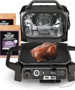 Ninja OG751 Woodfire Pro Outdoor Grill Built-In Thermometer,7-in-1 Master Grill,BBQ Smoker,& Outdoor Air Fryer Plus Bake,Roast,Dehydrate & Broil,Woodfire Technology,Weather-Resistant,Grey XL