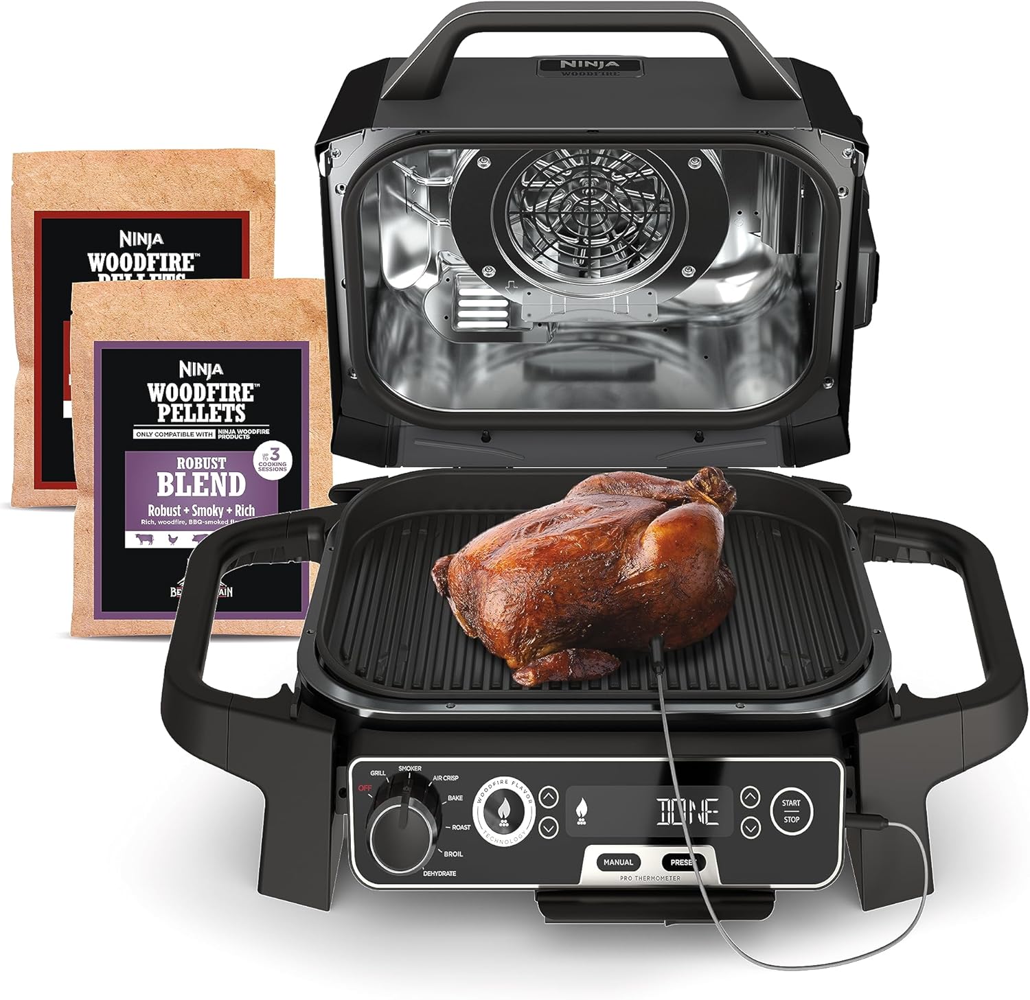 Ninja OG751 Woodfire Pro Outdoor Grill Built-In Thermometer,7-in-1 Master Grill,BBQ Smoker,& Outdoor Air Fryer Plus Bake,Roast,Dehydrate & Broil,Woodfire Technology,Weather-Resistant,Grey XL Ninja OG751 Woodfire Pro Outdoor Grill Built-In Thermometer,7-in-1 Master Grill,BBQ Smoker,& Outdoor Air Fryer Plus Bake,Roast,Dehydrate & Broil,Woodfire Technology,Weather-Resistant,Grey XL