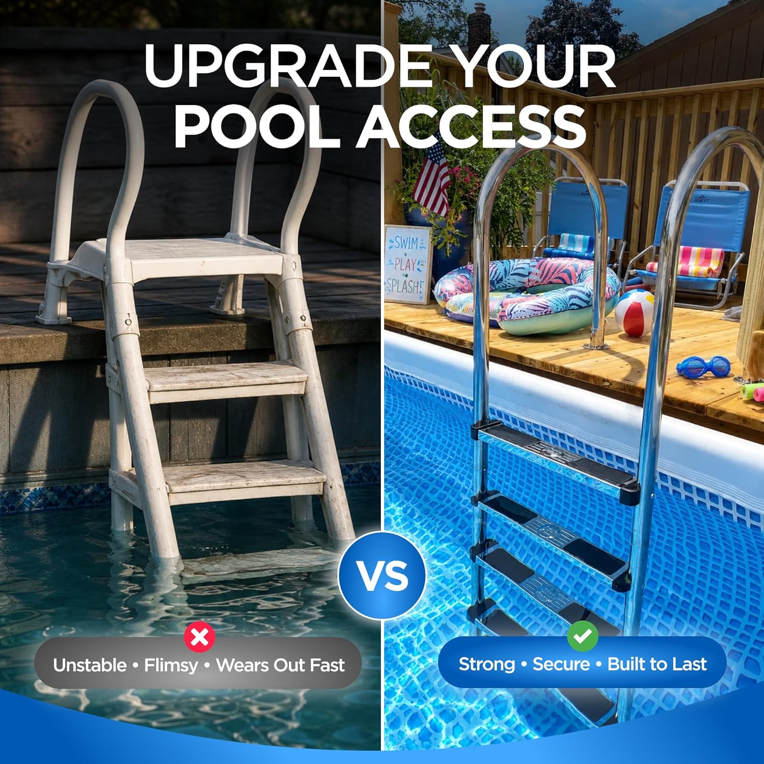 81nUPAIdyML._AC_SL1500_.jpg FibroPool 4-Step Above Ground Pool Ladder – 76 in Stainless Steel, Deck Mounted – Non-Slip Steps, 250 lb Capacity – Hardware Included – Fits Wood Pool Deck