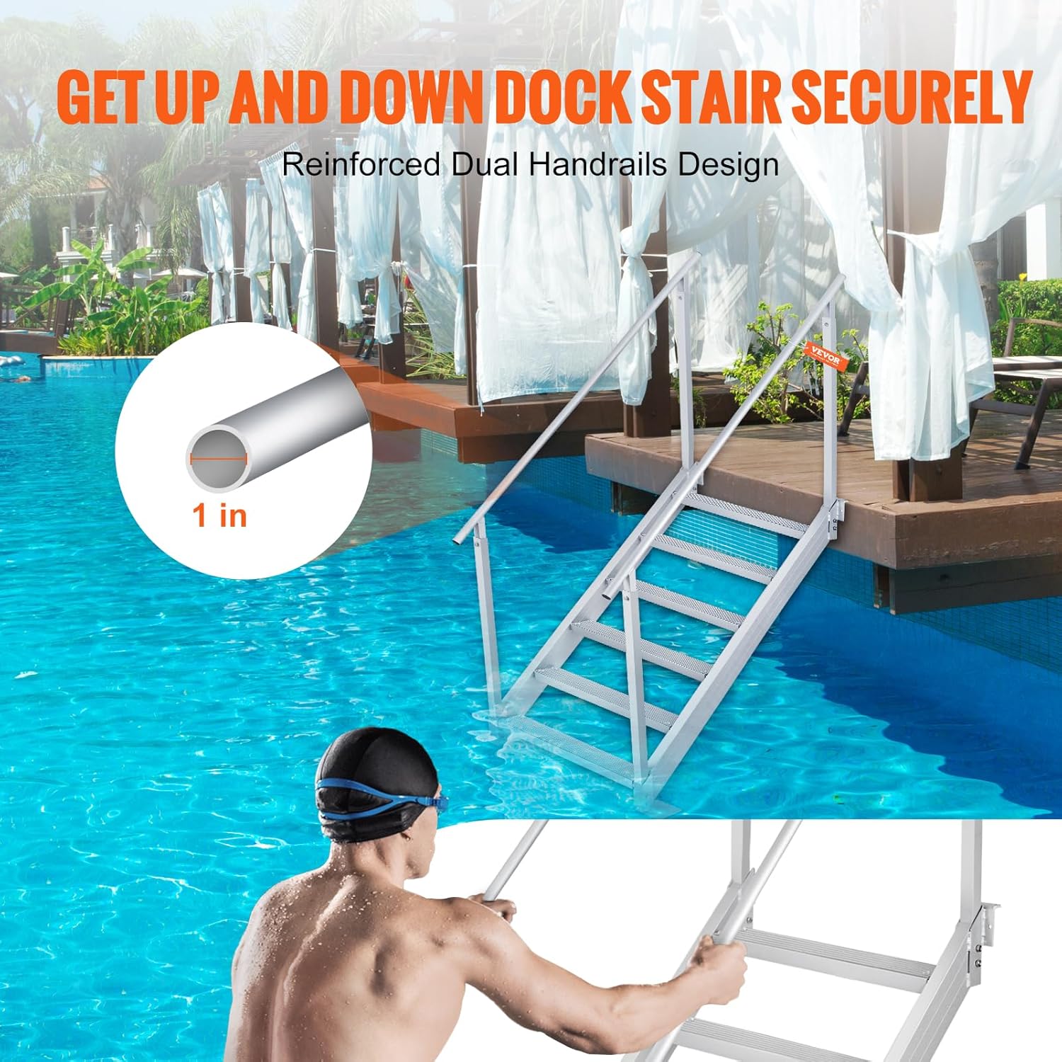 81v8H1uF0zL._AC_SL1500_.jpg VEVOR Dock Ladder 6 Steps, 500lbs Load Pool Steps, Adjustable Height Aluminum Dock Stairs, Pontoon Boat Ladder with Handrails & Widen Nonslip Pedals for Lake/Pool/Marine Boarding/RV/House
