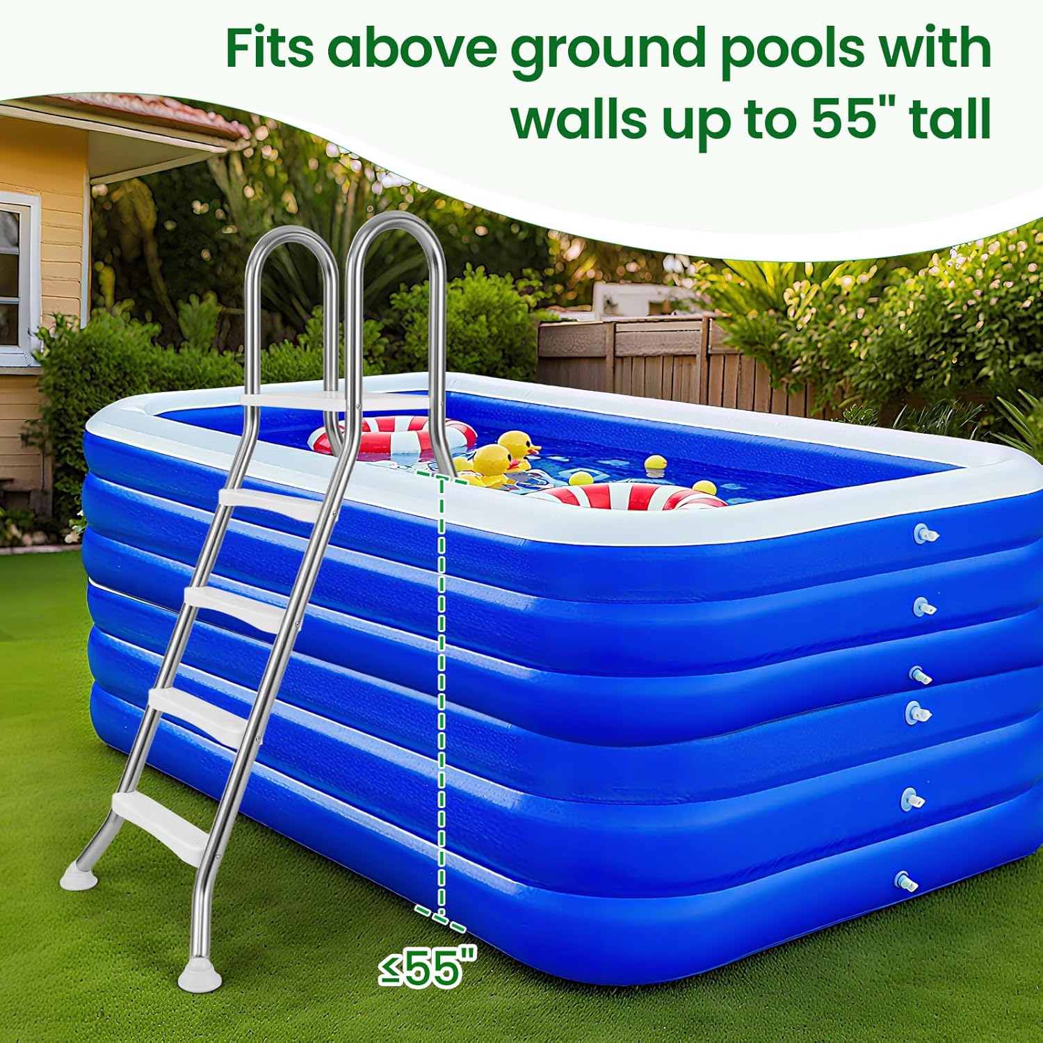 81xE7OT61vL._AC_SL1500_.jpg IRONMAX Above Ground Pool Ladder, Heavy Duty Stainless Steel Swimming Pool Ladder with Top Platform and Non-Slip Steps, 4-Step Double-Sided Pool Stairs for 55" Pool Wall Height