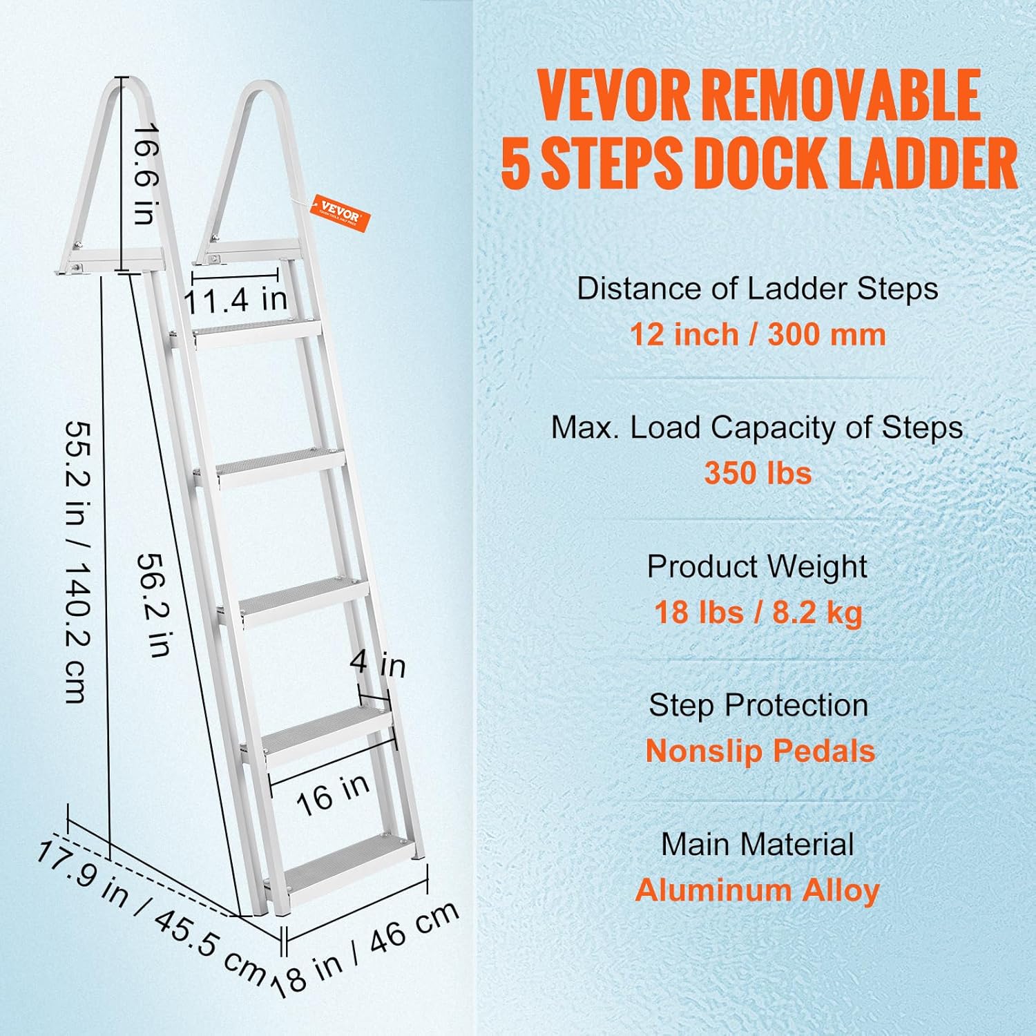 81y-8SAws3L._AC_SL1500_.jpg VEVOR Removable Dock Ladder 5 Steps, 350 lbs Load Capacity, Pontoon Boat Ladder with 4'' Wide Step & Nonslip Mat for Ship/Lake/Pool/Marine Boarding