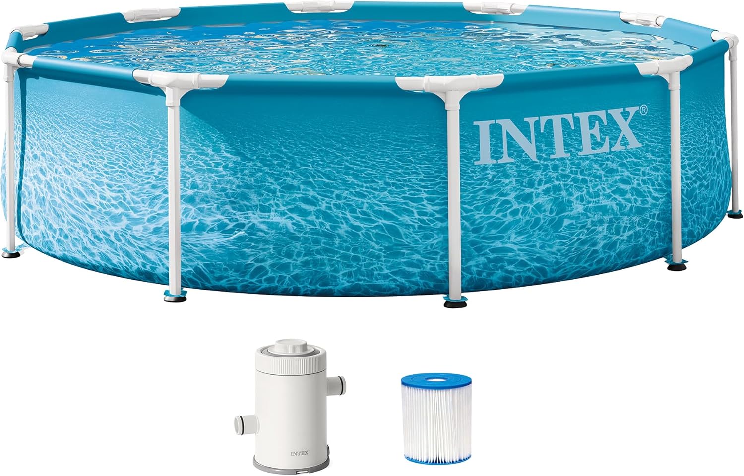 INTEX 28207EP 10Ft X 30In Beachside Metal Frame Above Ground Swimming Pool Set, Includes 330 GPH Cartridge Filter Pump, Puncture-Resistant Material, Rust Resistant, 1185 Gallon Capacity