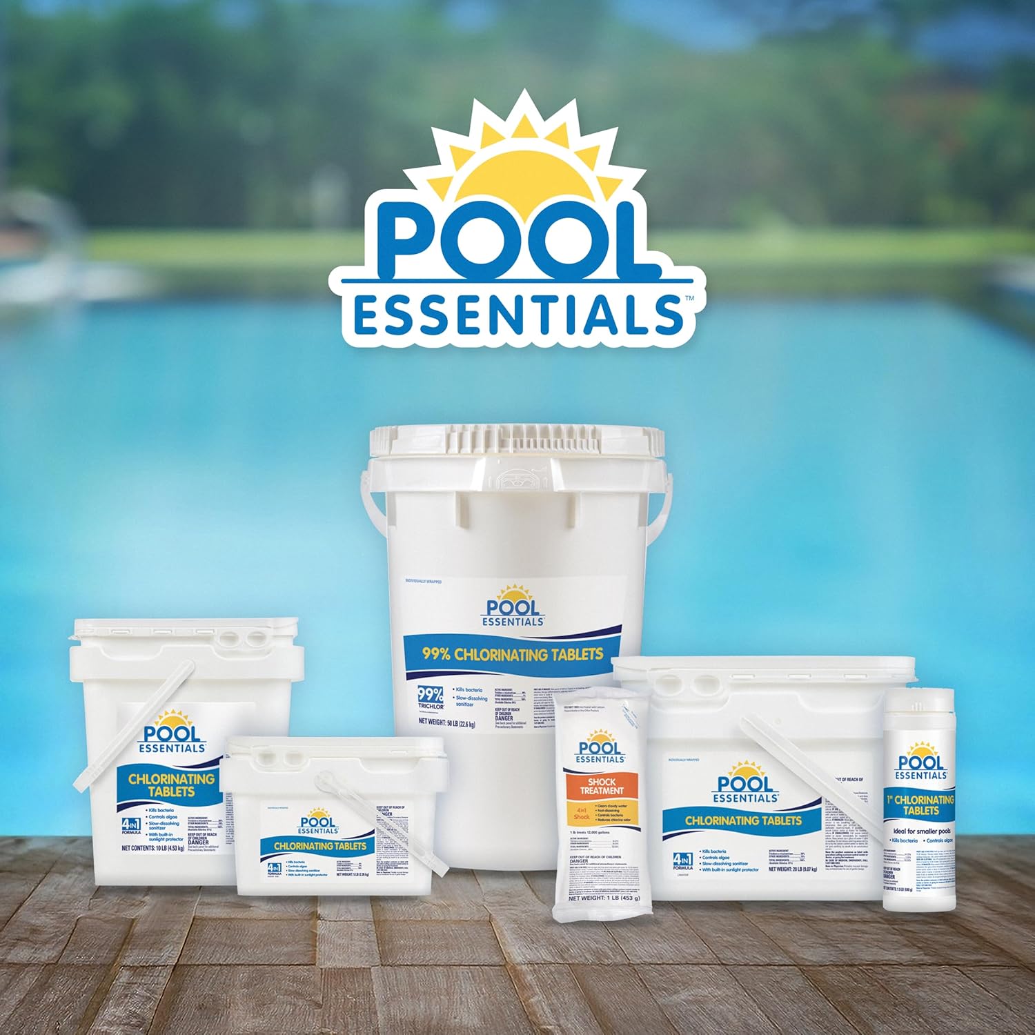 81ybBJN7zHL._AC_SL1500_.jpg Pool Essentials® 3 Inch Chlorine Tablets, Kills Bacteria, Long Lasting, Slow-Dissolving sanitizer, with 99% Trichlor, for Feeder, Skimmer or Floater - 50LB